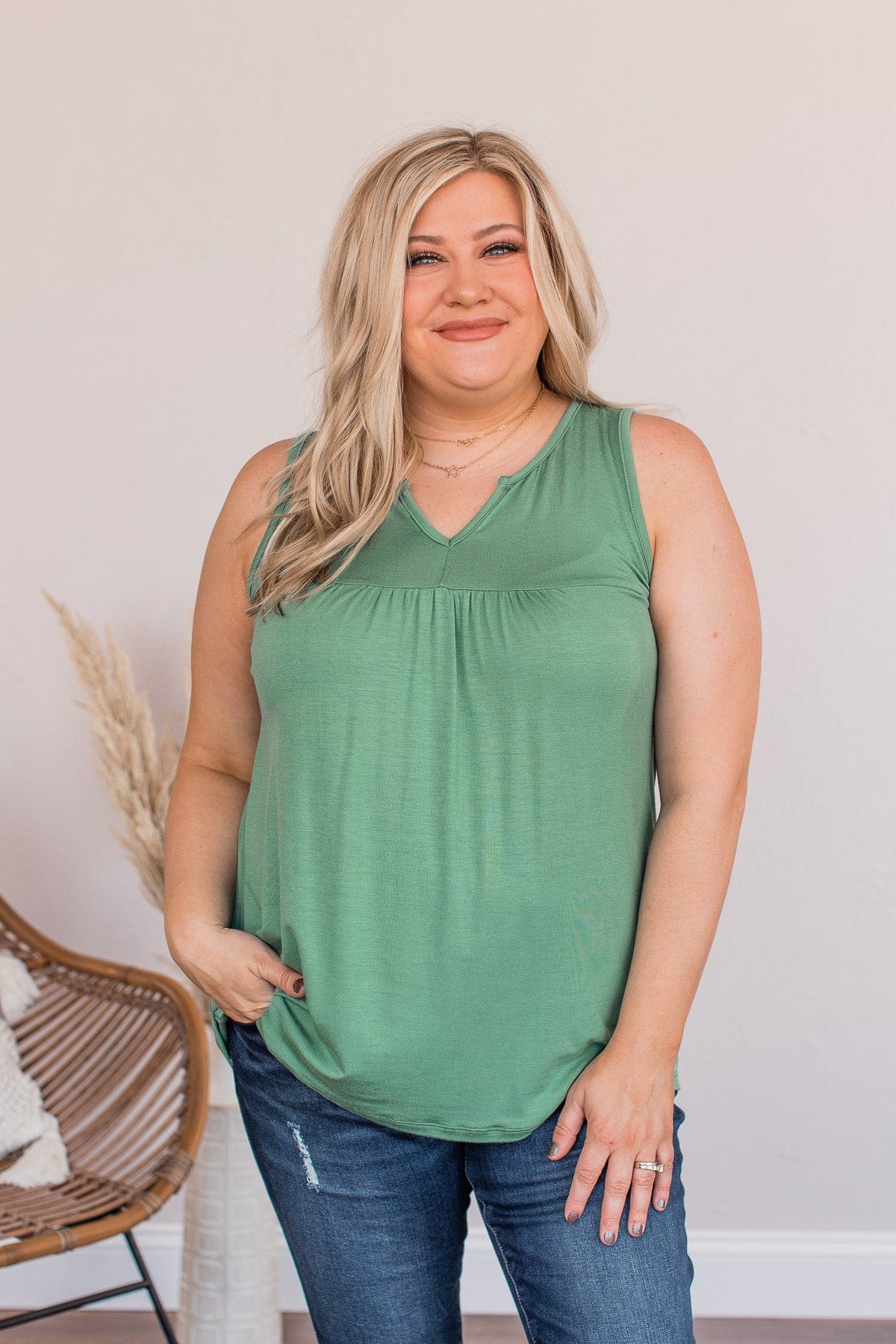 Love Is On My Side V-Neck Tank- Green - Image 2