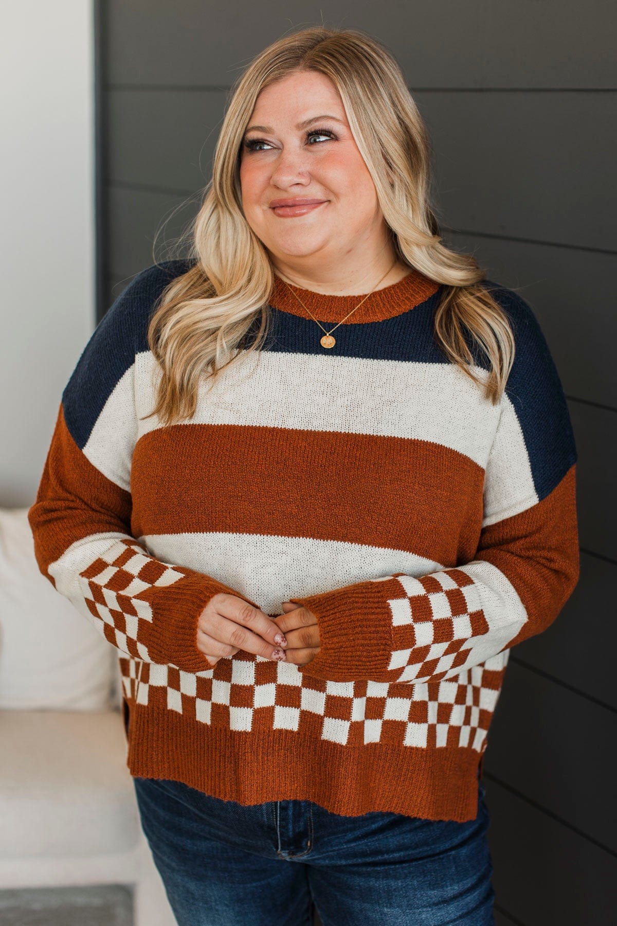 Love Me Anyway Color Block Sweater- Navy & Copper - Image 3