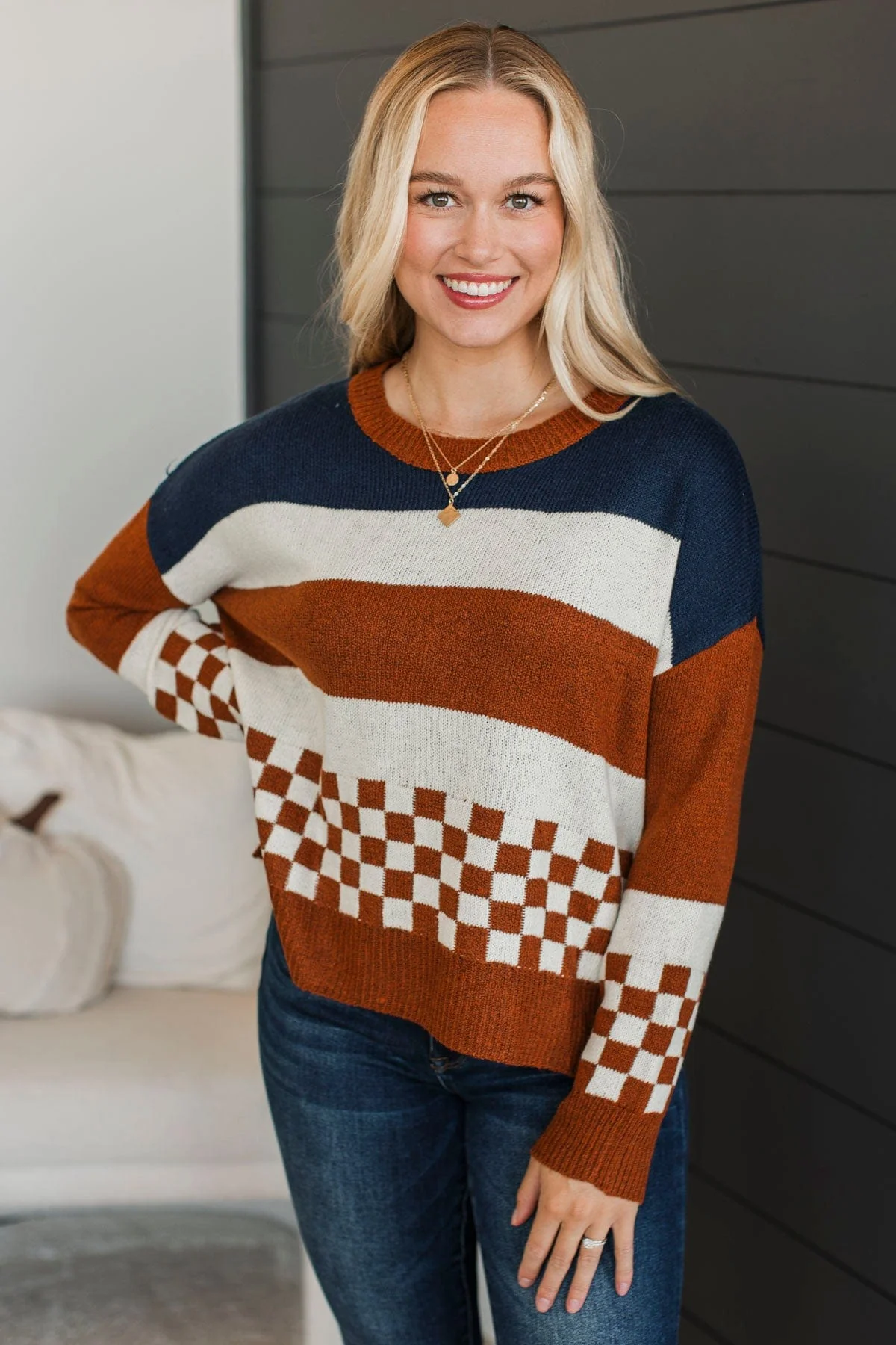 Love Me Anyway Color Block Sweater- Navy & Copper - Image 4