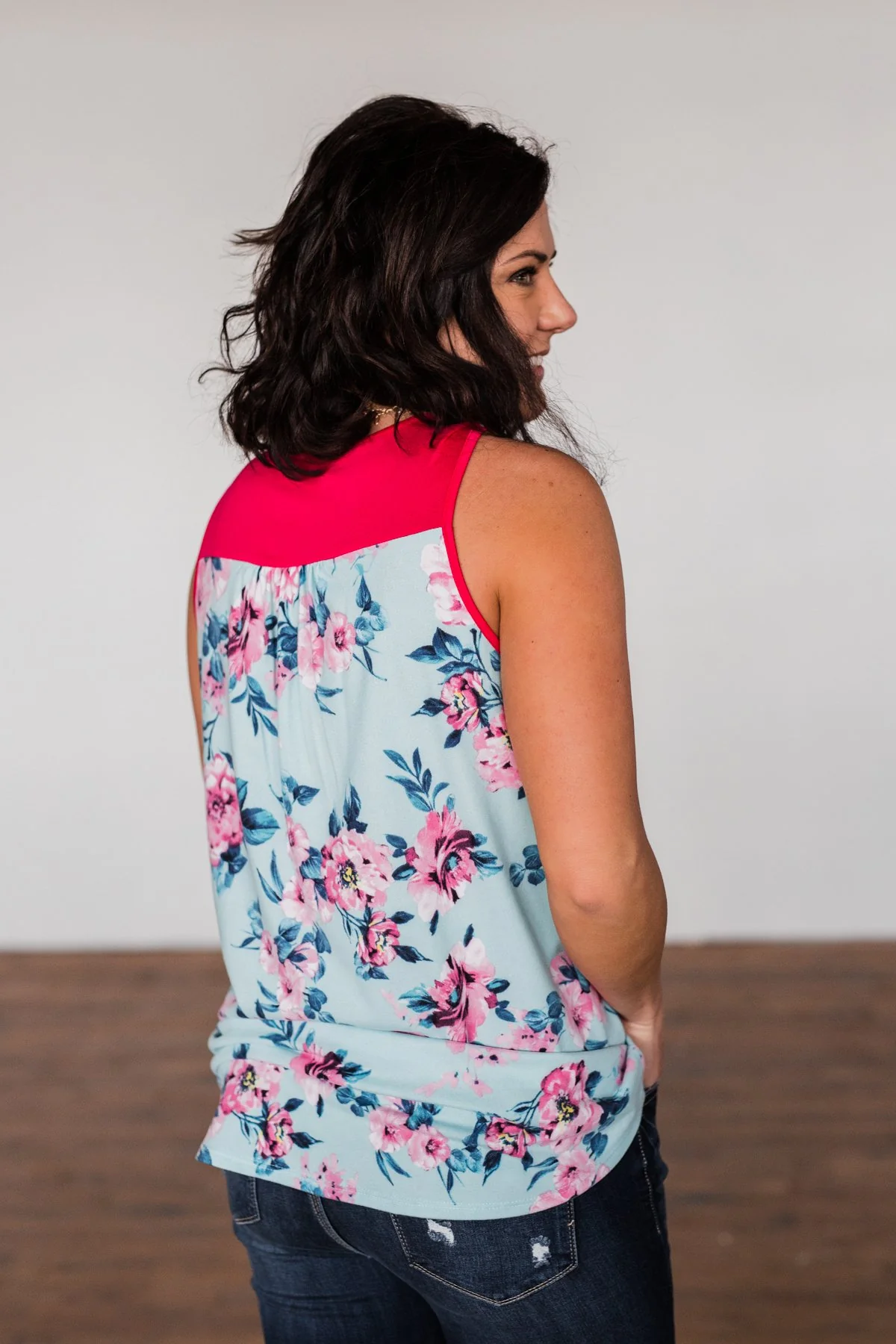 Love Me Like You Do Floral Tank Top- Light Blue & Fuchsia - Image 4