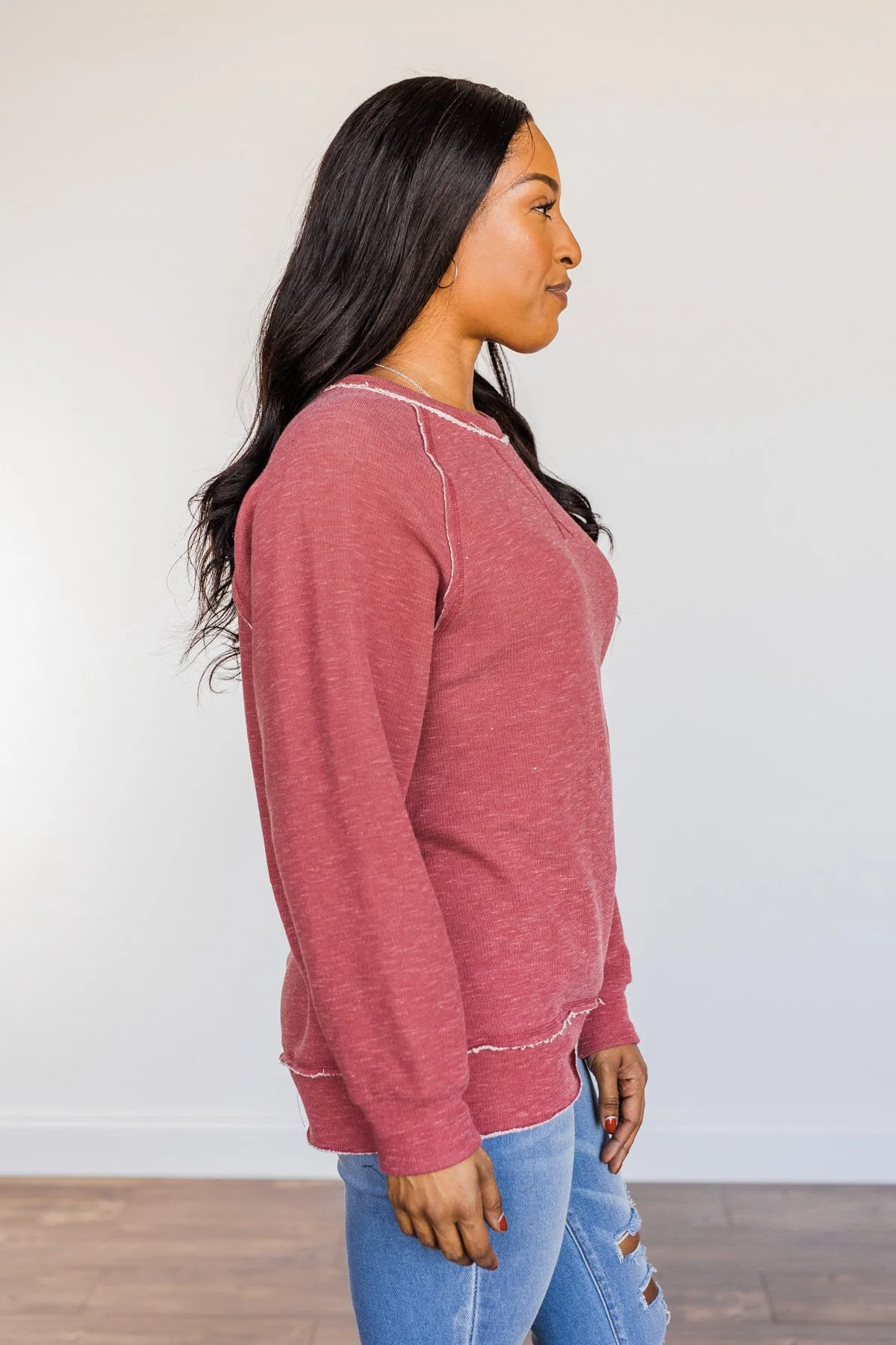 Love Once Lost Raw Hem Long Sleeve Top- Red - Image 8