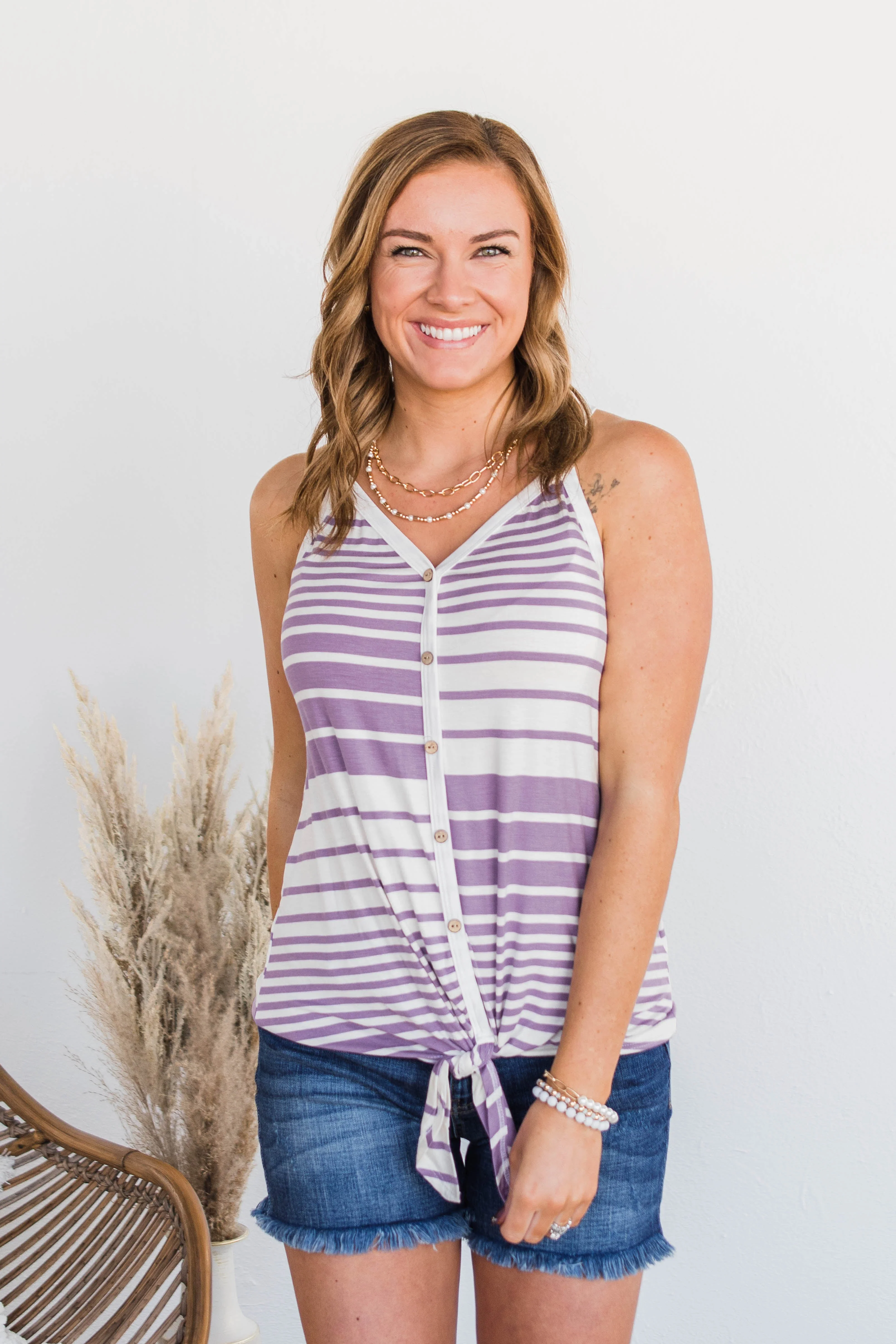 Love The Beach Stripe Tank- Purple & Ivory - Image 3