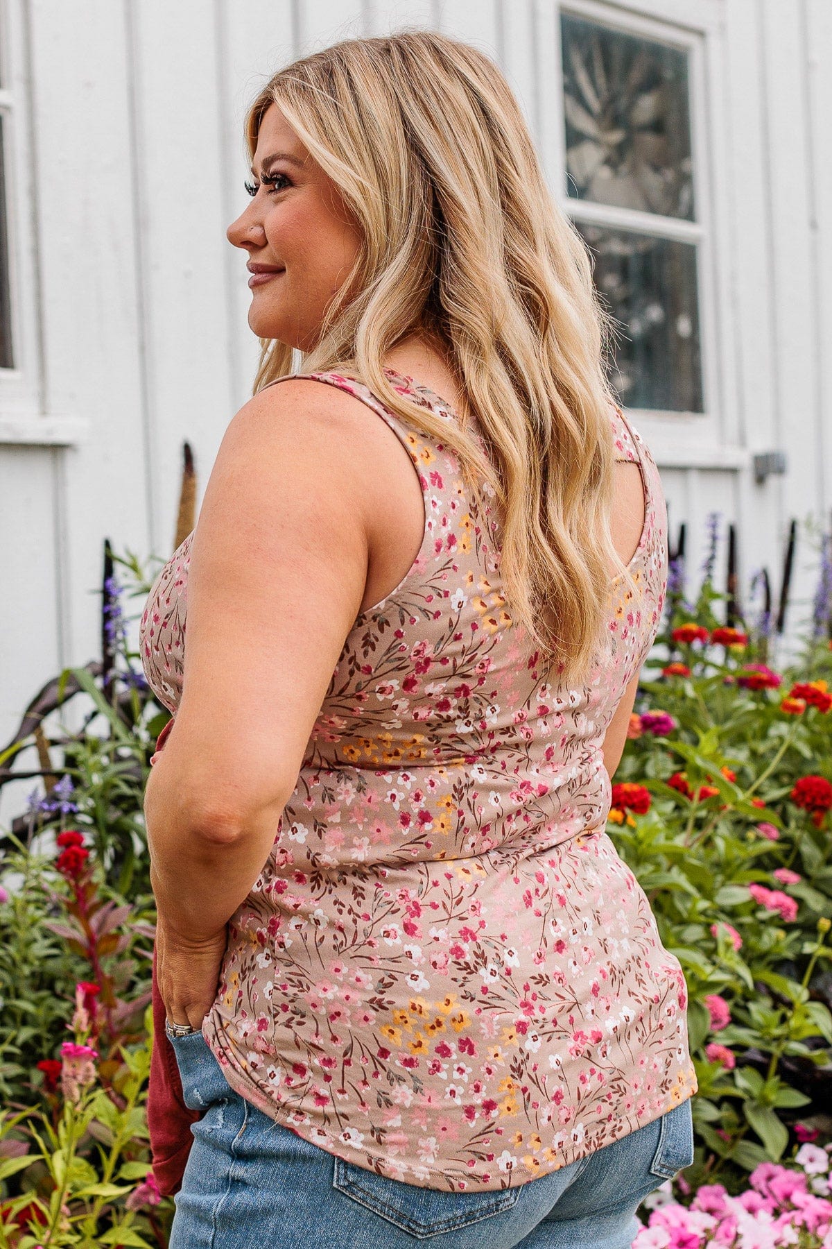 Love To Give Floral Tank Top- Taupe & Pink - Image 11