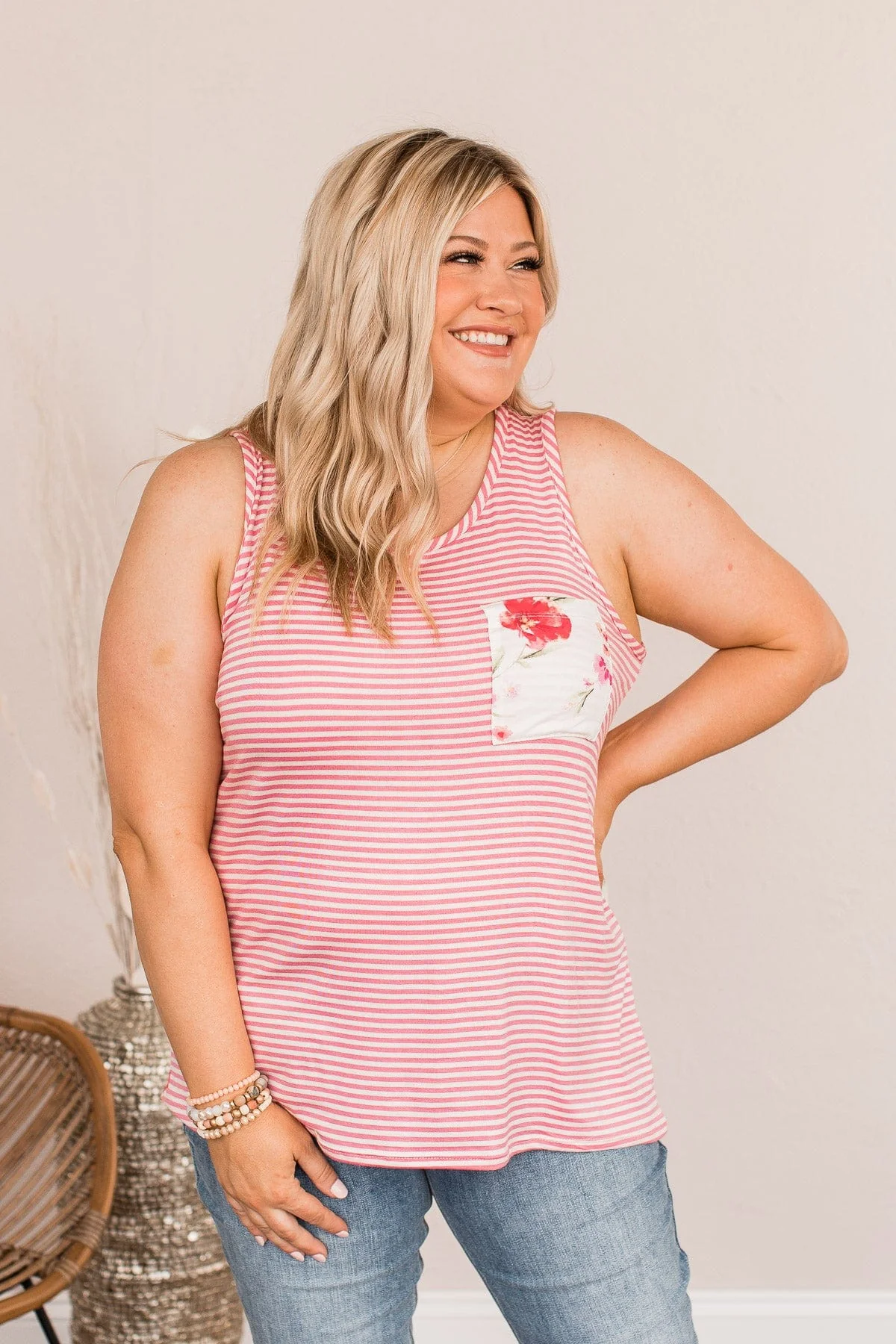 Love To Spare Striped Floral Tank- Pink & Ivory - Image 4