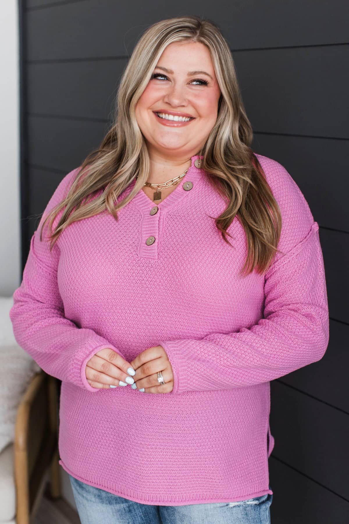 Love What You Have Henley Sweater- Candy Pink - Image 3