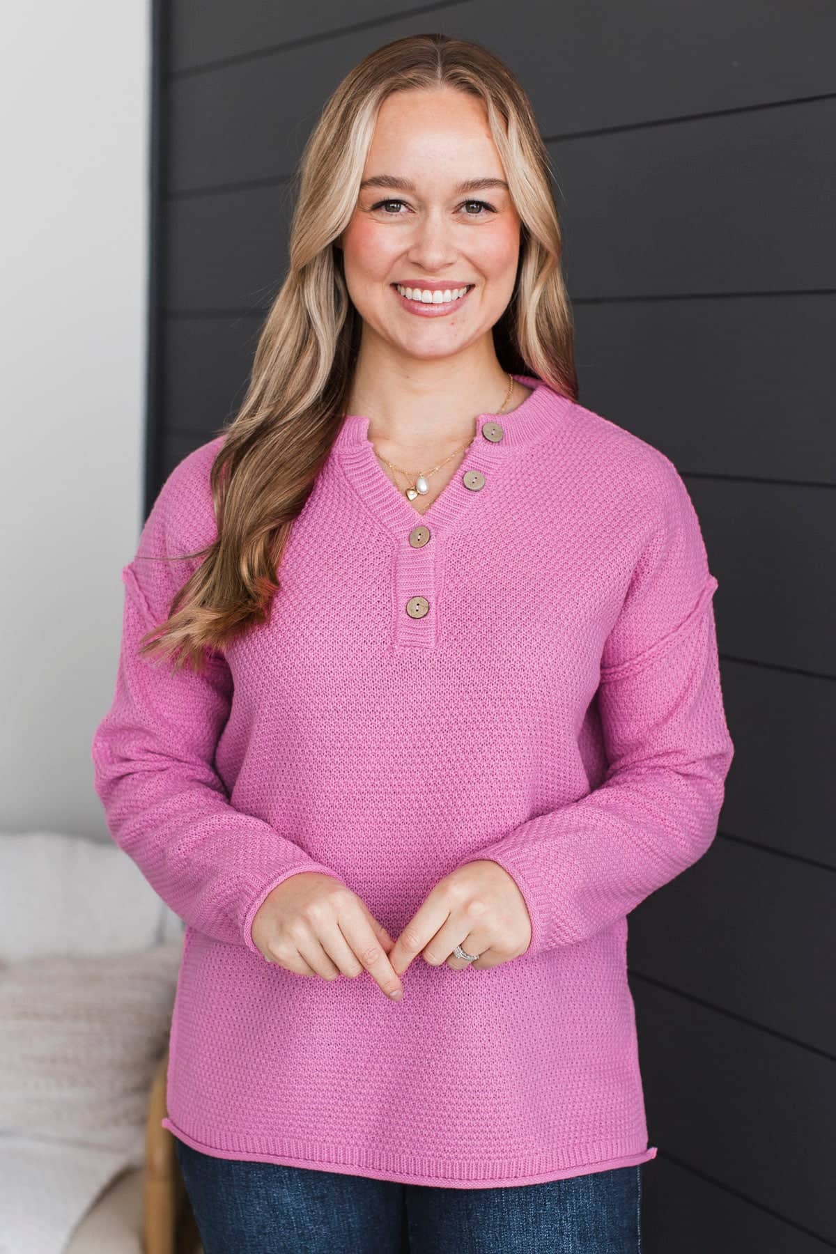 Love What You Have Henley Sweater- Candy Pink - Image 4