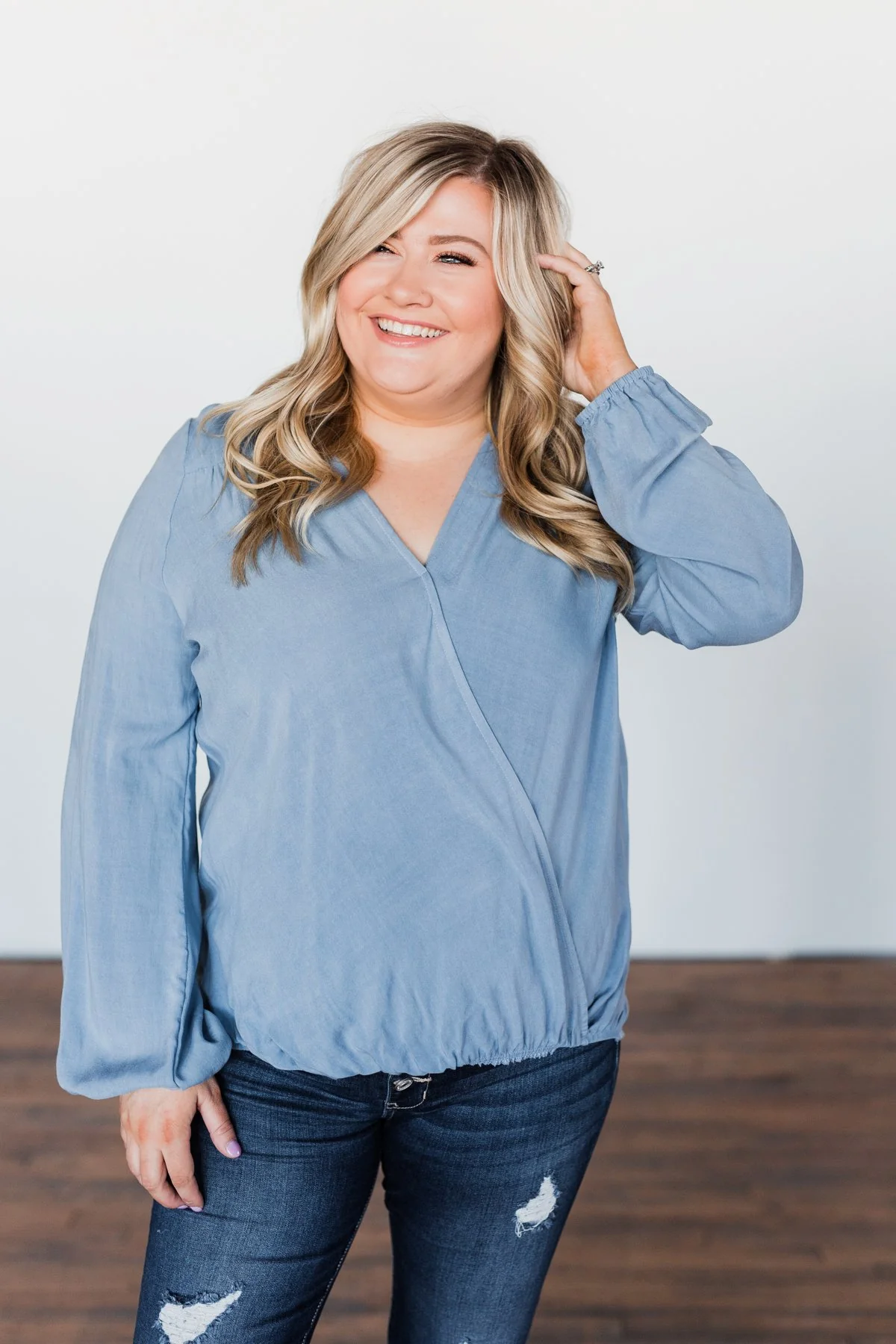 Love Will Find You V-Neck Wrap Top- Denim Blue - Image 10