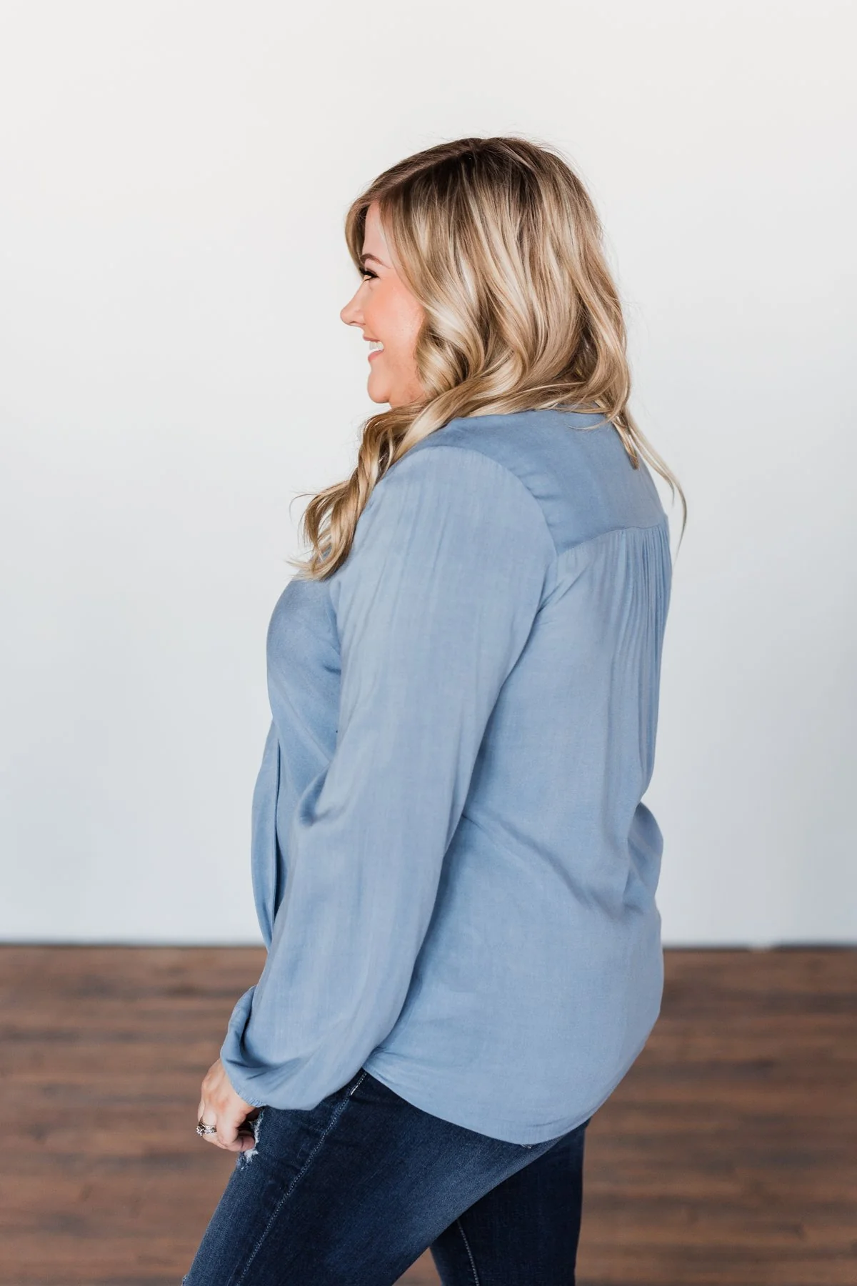 Love Will Find You V-Neck Wrap Top- Denim Blue - Image 12