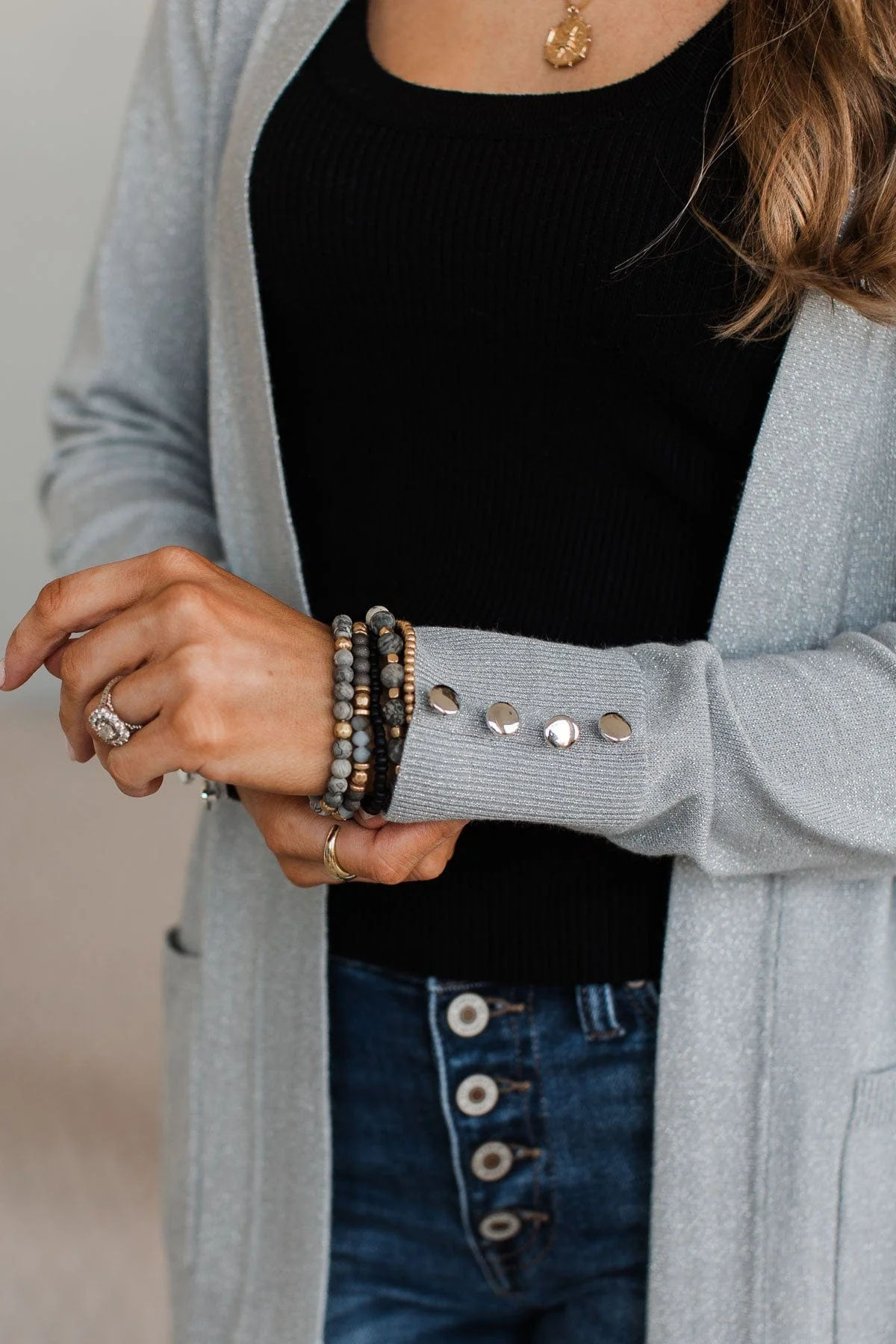 Love Without End Lurex Knit Cardigan- Silver - Image 3