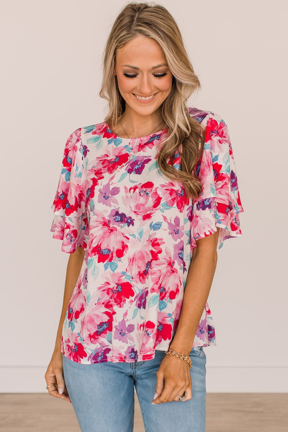 Love You Most Floral Blouse- Ivory, Fuchsia, & Purple - Image 2
