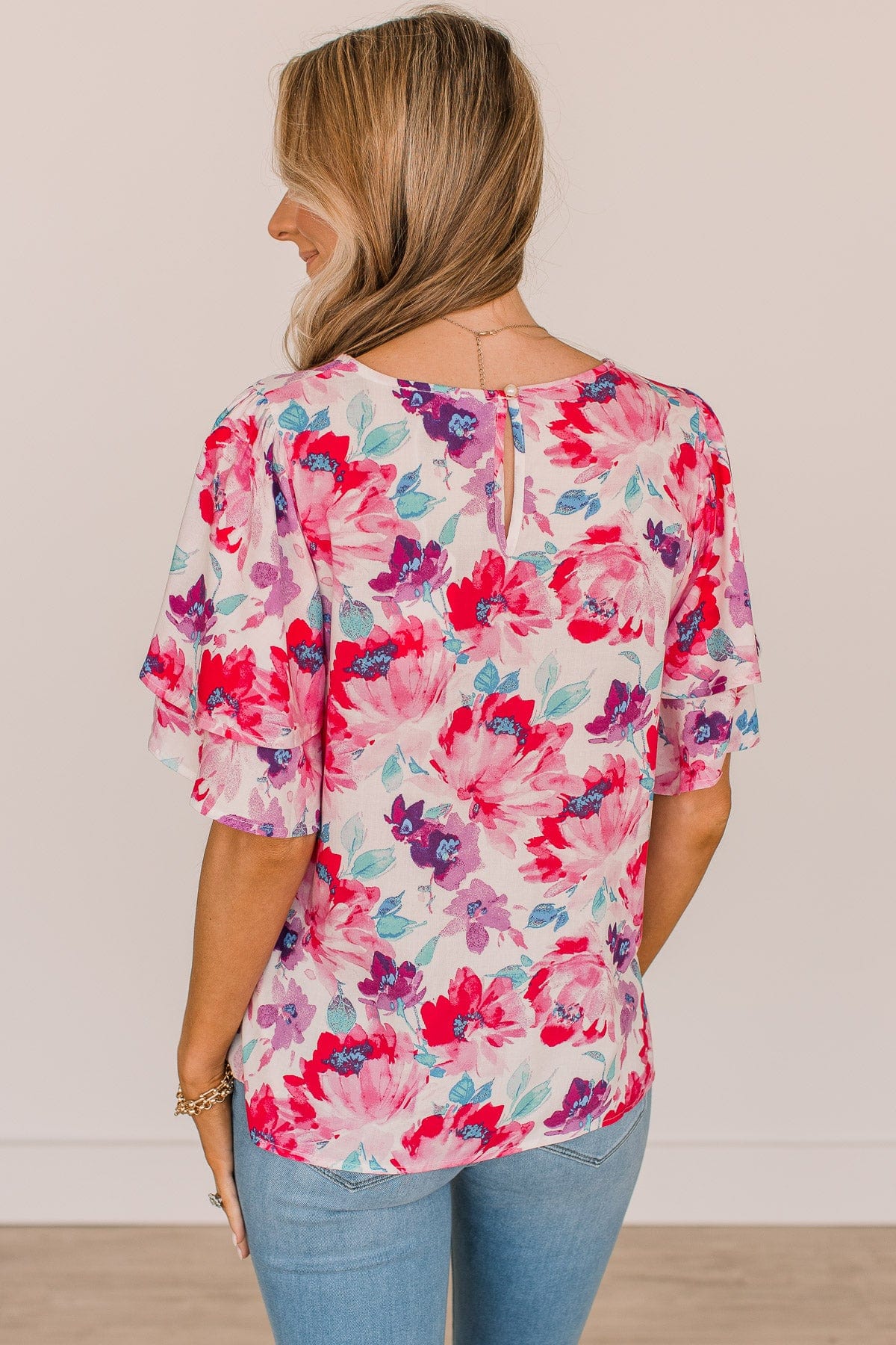 Love You Most Floral Blouse- Ivory, Fuchsia, & Purple - Image 7