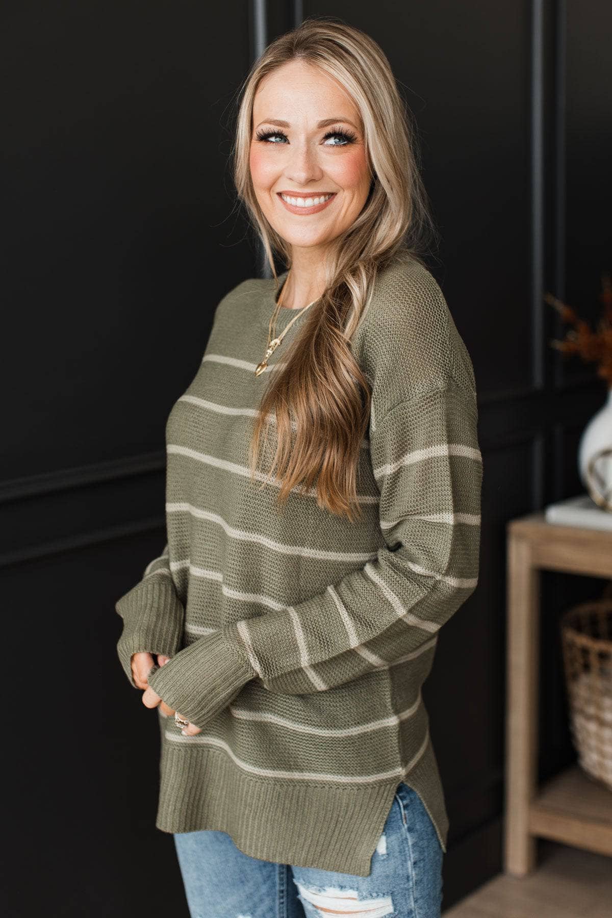 Love You Most Striped Knit Sweater- Olive - Image 4