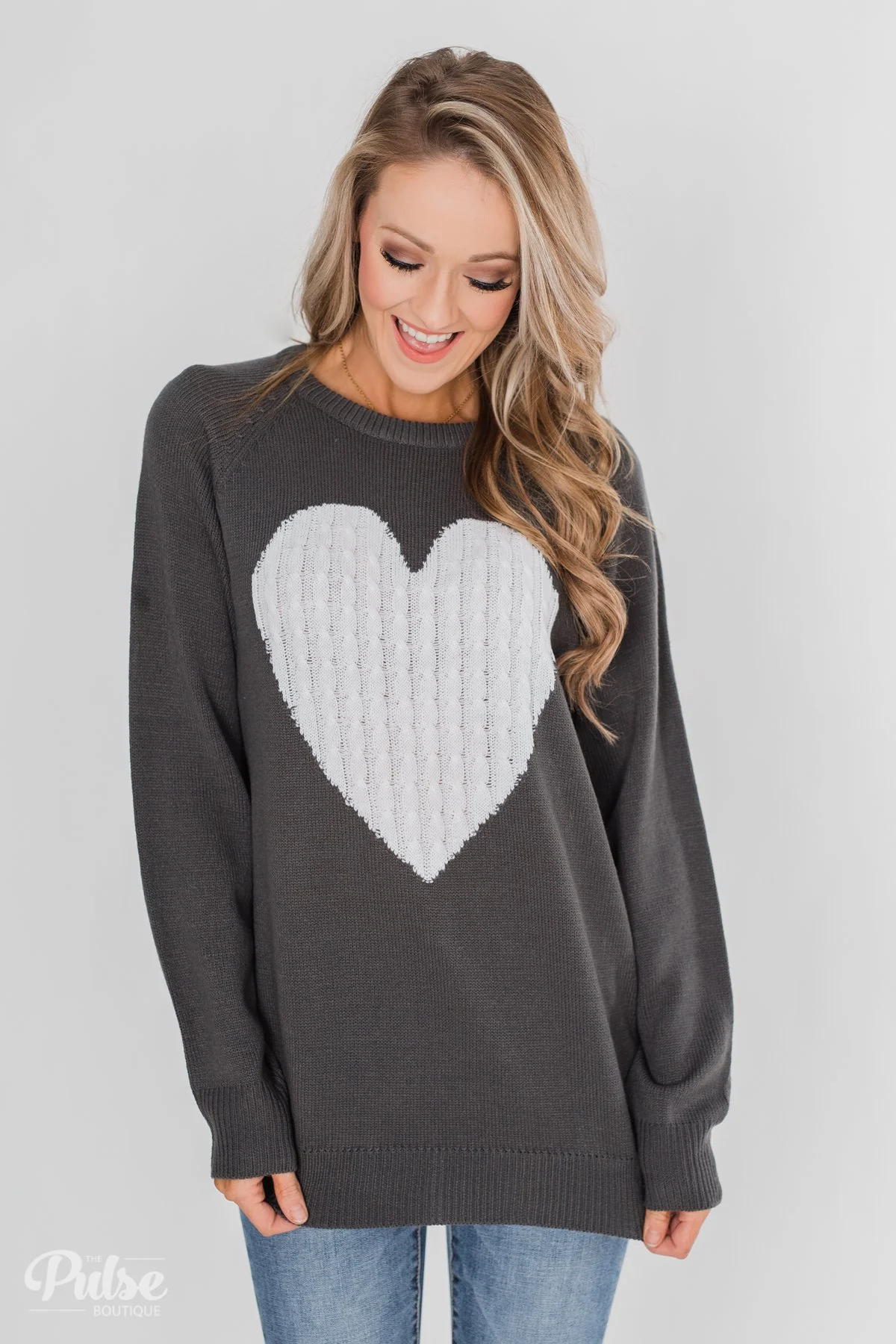 Love Your Life Knitted Heart Sweater - Charcoal - Image 6