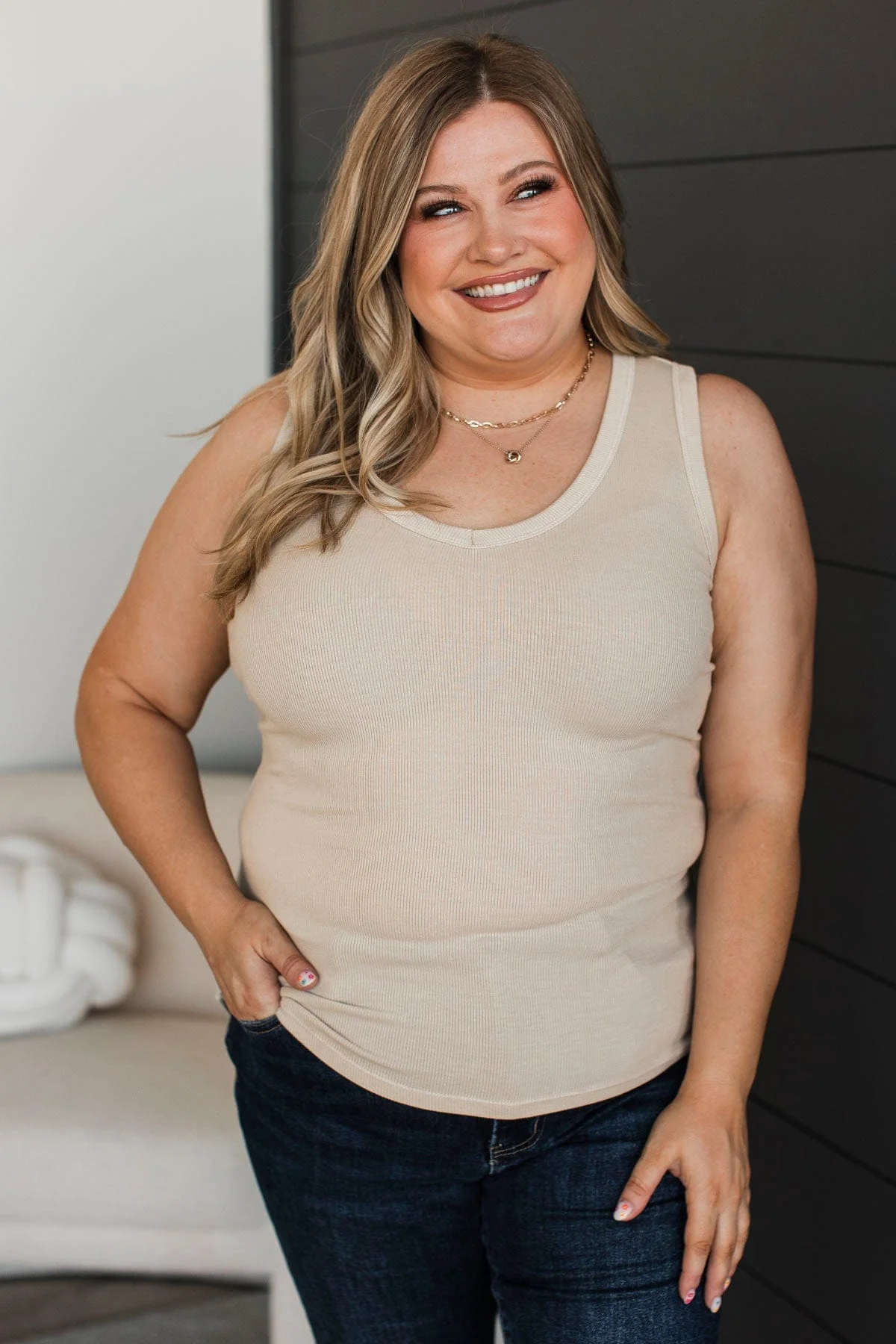 Love Your Vibe V-Neck Tank Top- Beige - Image 3