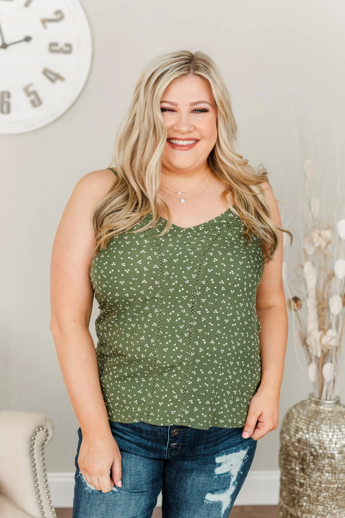 Love Yourself Spotted V-Neck Tank Top- Olive - Image 5