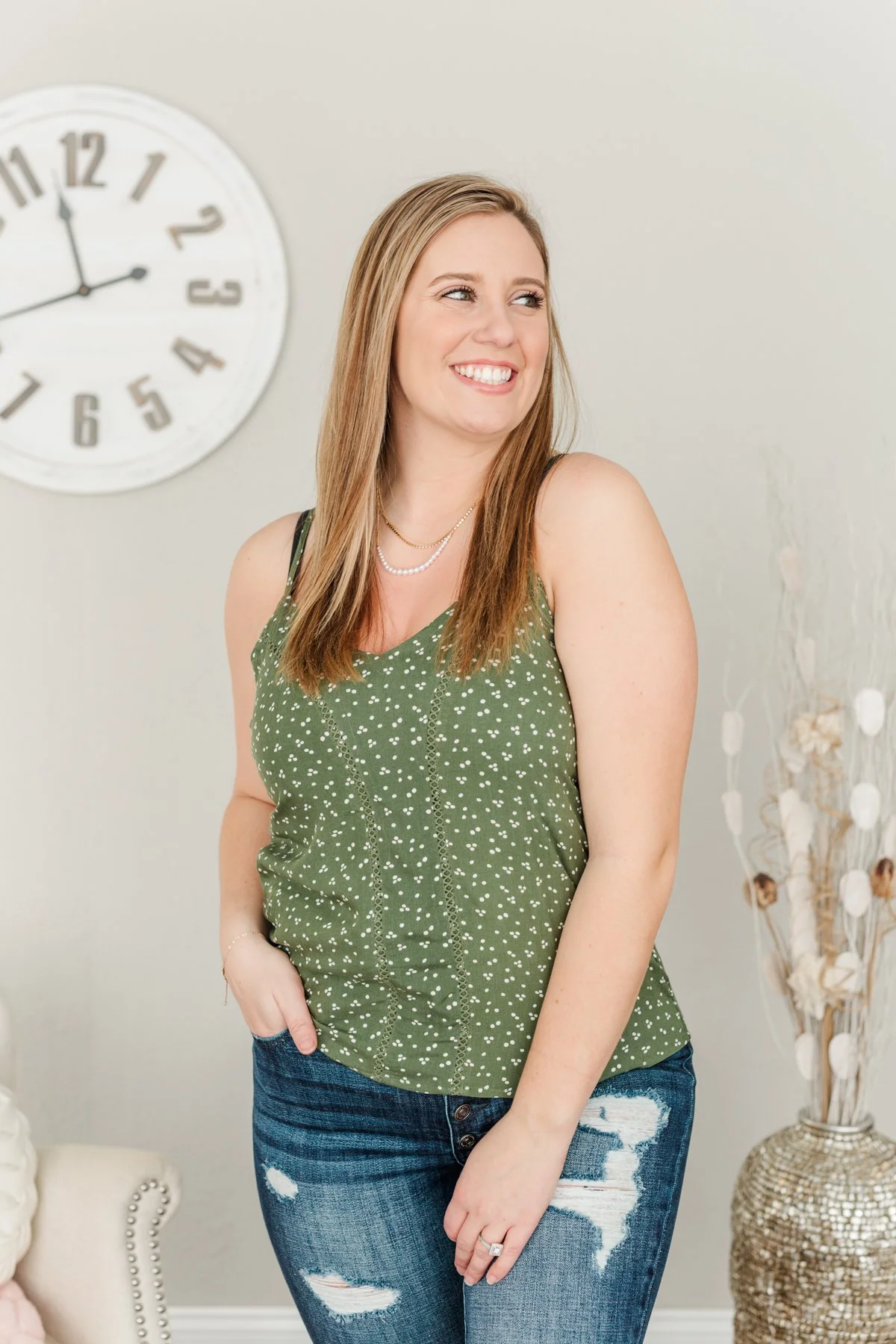 Love Yourself Spotted V-Neck Tank Top- Olive - Image 6