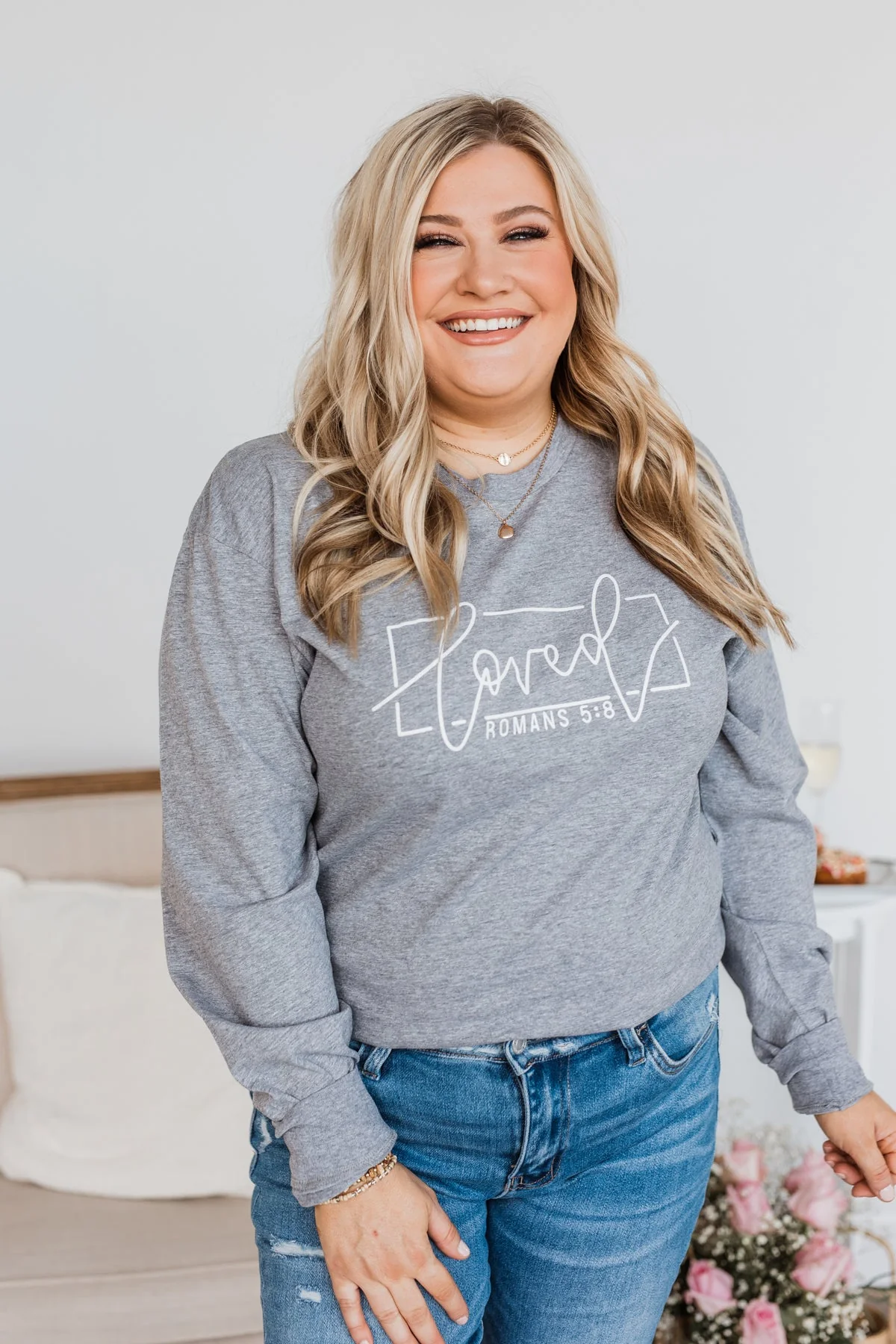 "Loved" Graphic Long Sleeve Top- Grey - Image 5