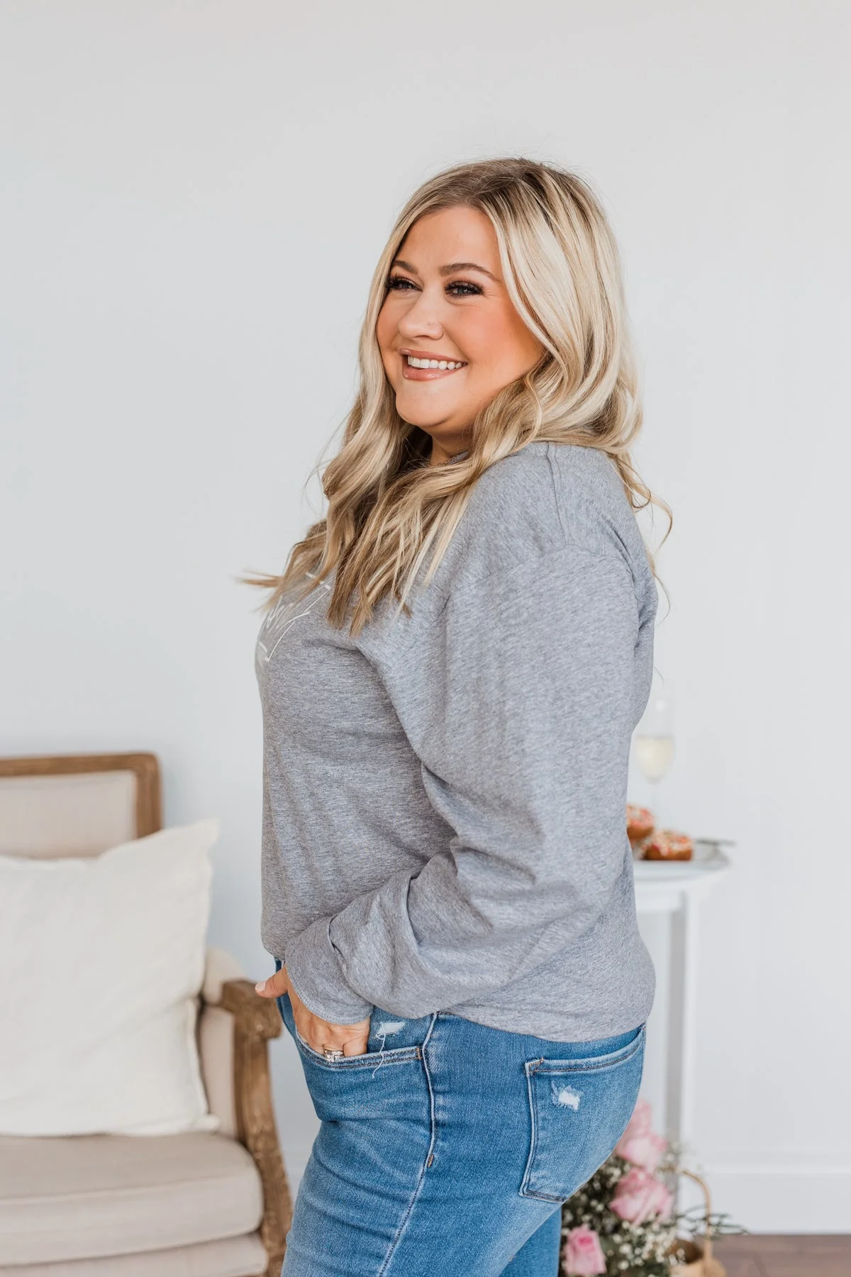 "Loved" Graphic Long Sleeve Top- Grey - Image 7