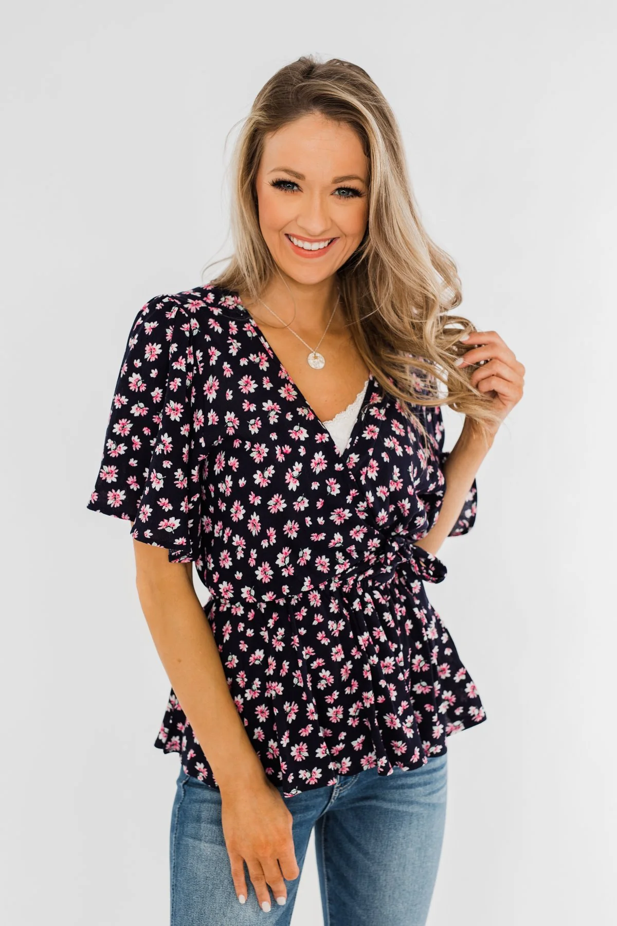 Loved You Then Tie Blouse- Navy & Pink - Image 3
