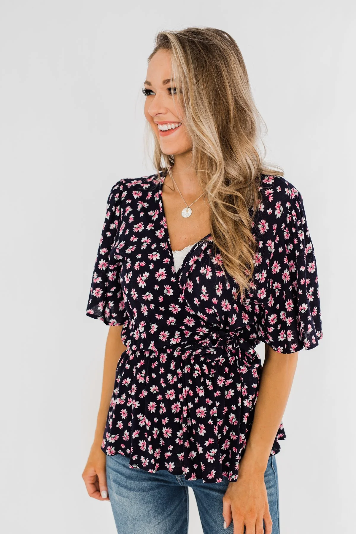 Loved You Then Tie Blouse- Navy & Pink - Image 5