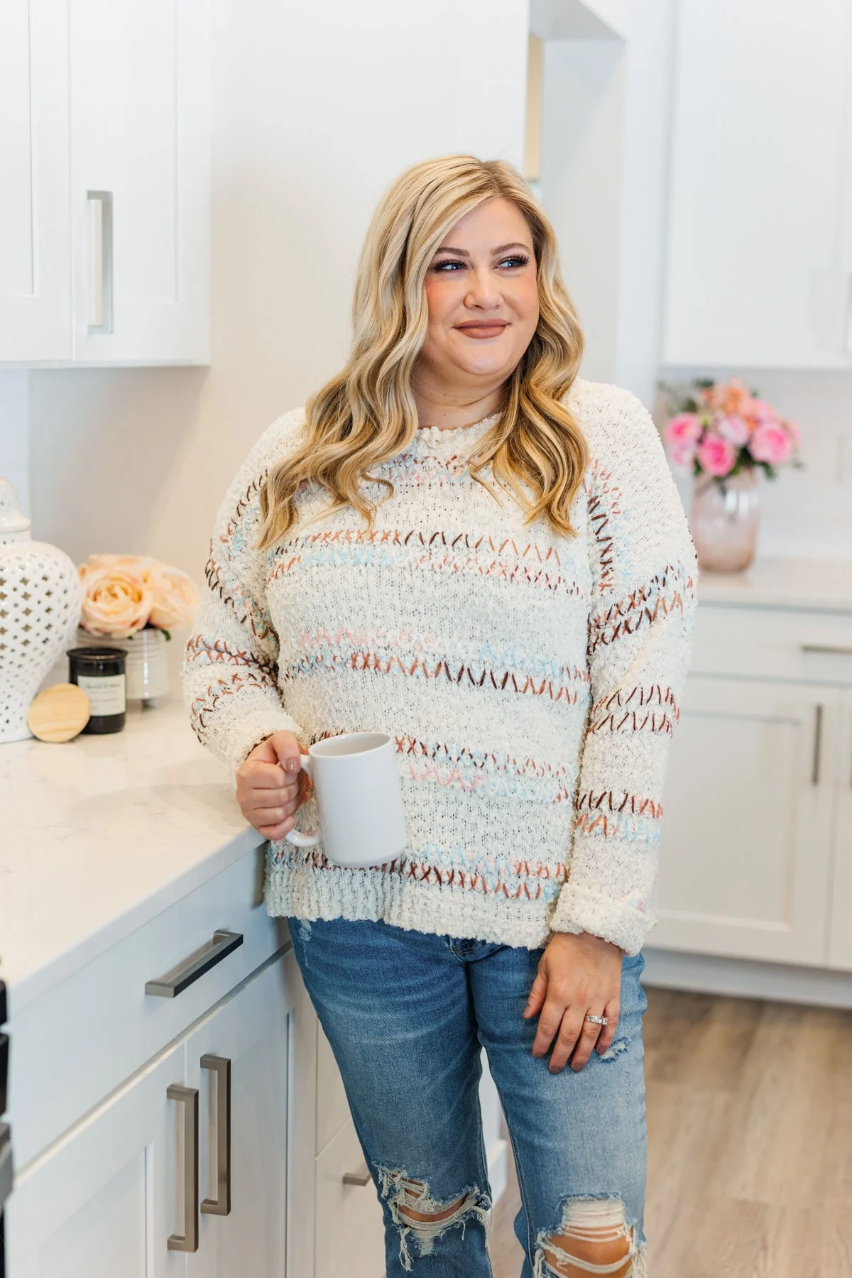 Lovely Aura Cross Stitch Striped Sweater- Ivory - Image 4