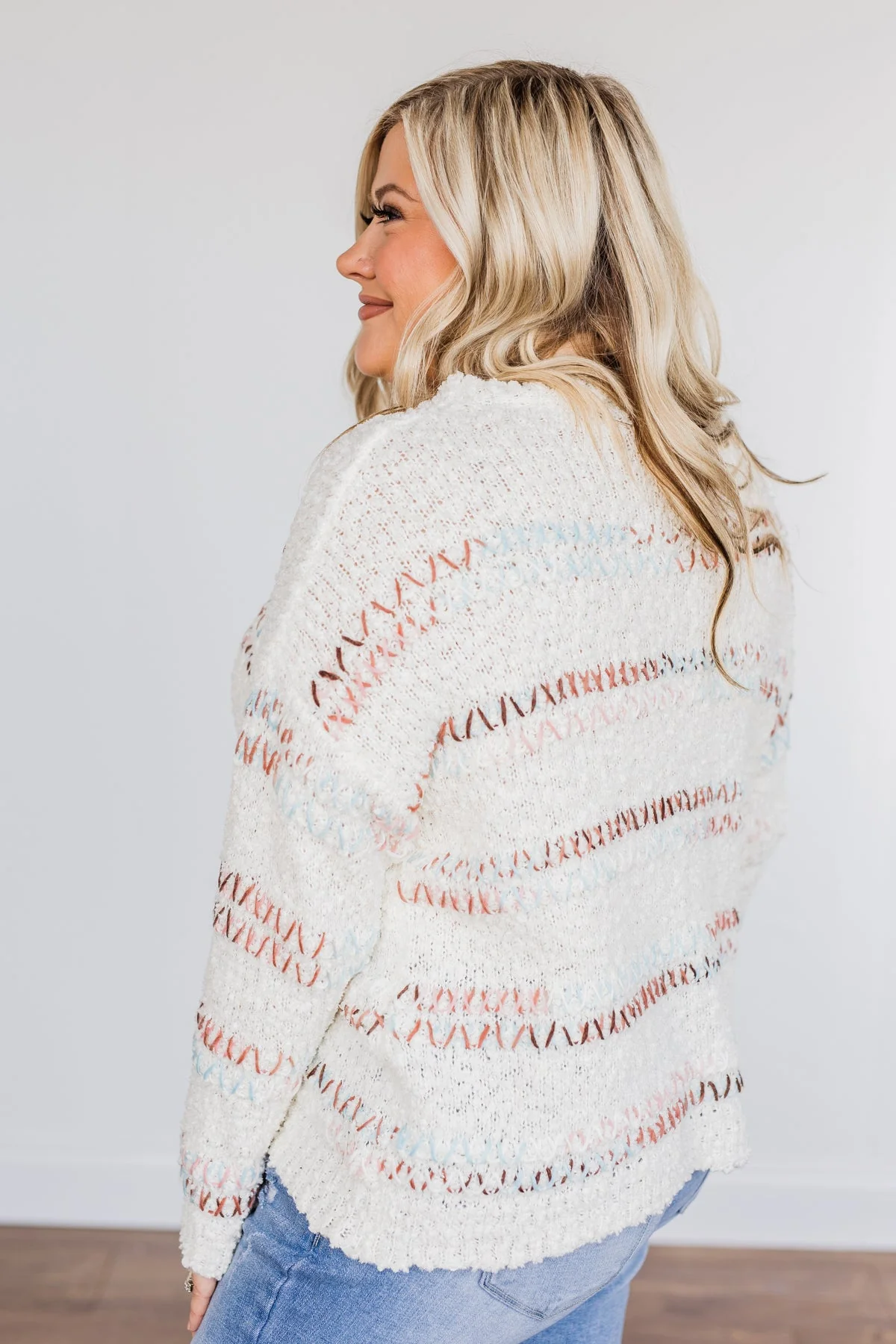 Lovely Aura Cross Stitch Striped Sweater- Ivory - Image 7