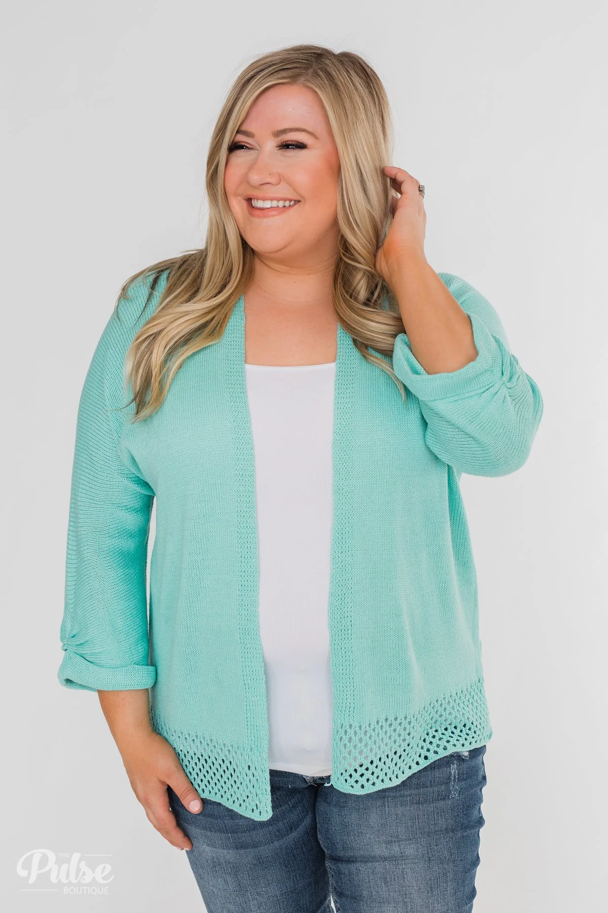 Lovely Days Long Sleeve Knitted Cardigan- Mint Blue - Image 10