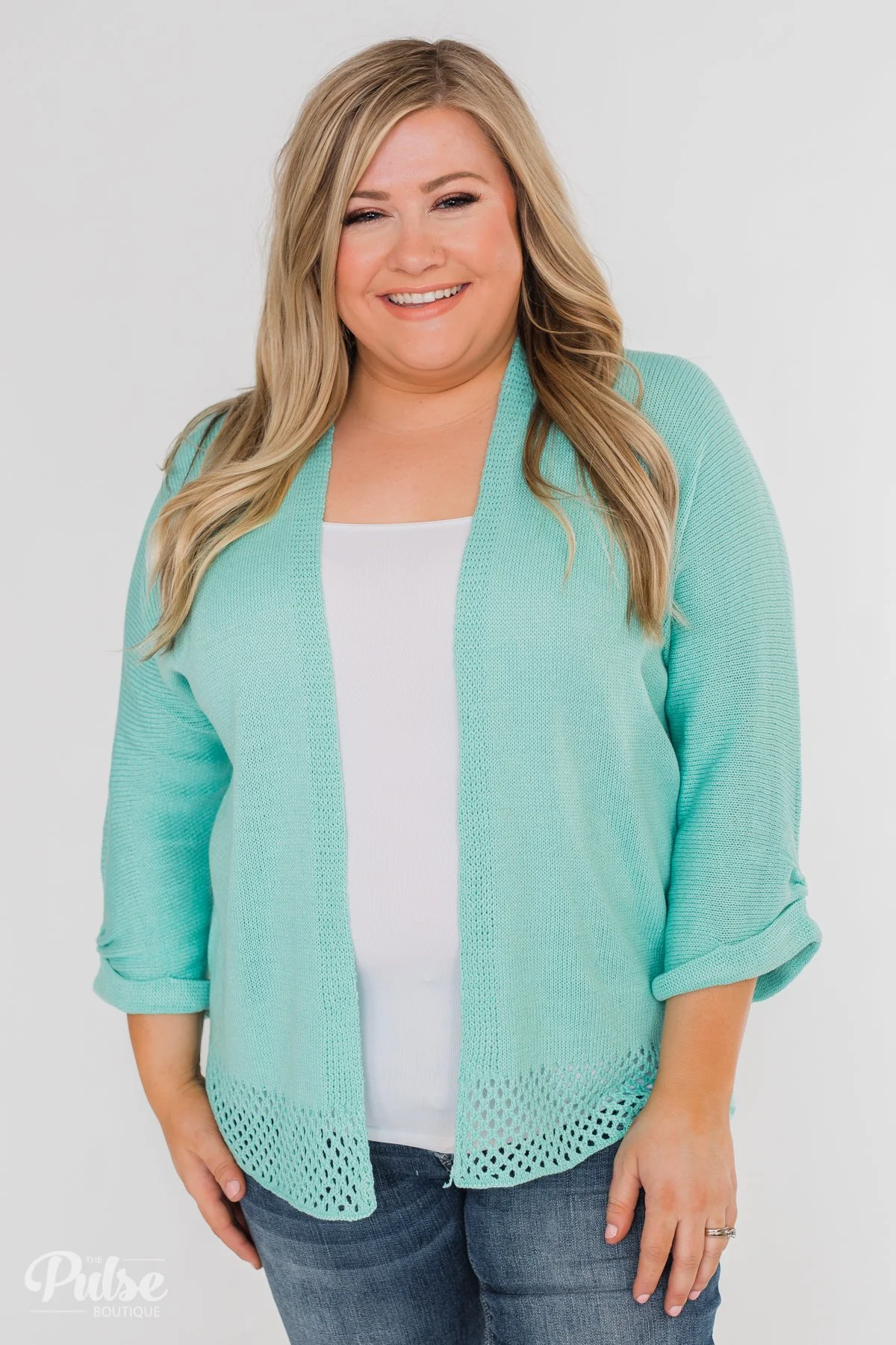 Lovely Days Long Sleeve Knitted Cardigan- Mint Blue - Image 11