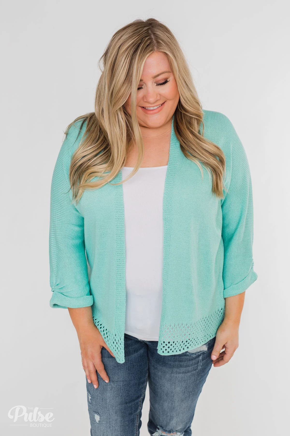 Lovely Days Long Sleeve Knitted Cardigan- Mint Blue - Image 13