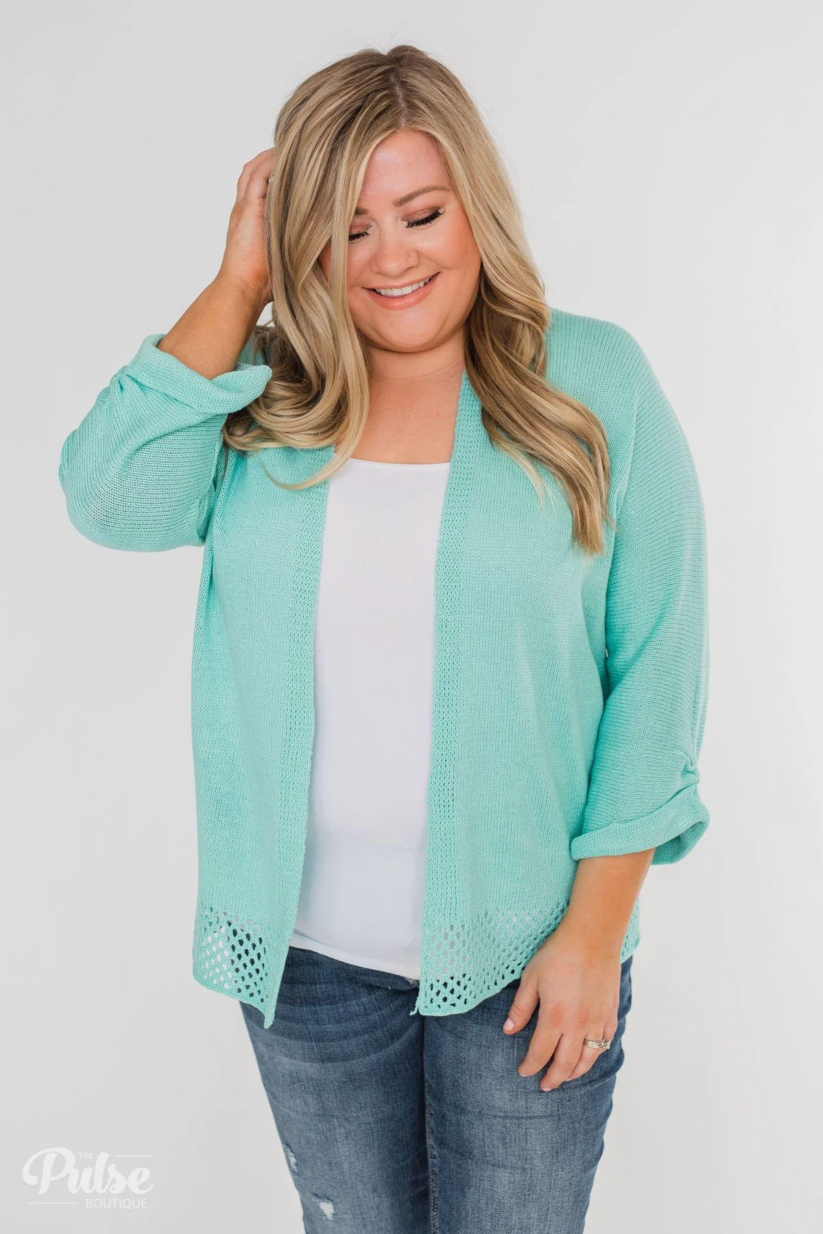 Lovely Days Long Sleeve Knitted Cardigan- Mint Blue - Image 14