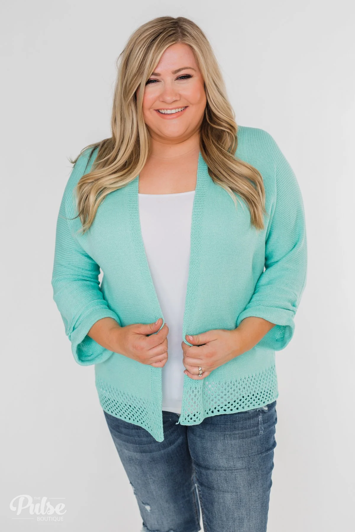 Lovely Days Long Sleeve Knitted Cardigan- Mint Blue - Image 2