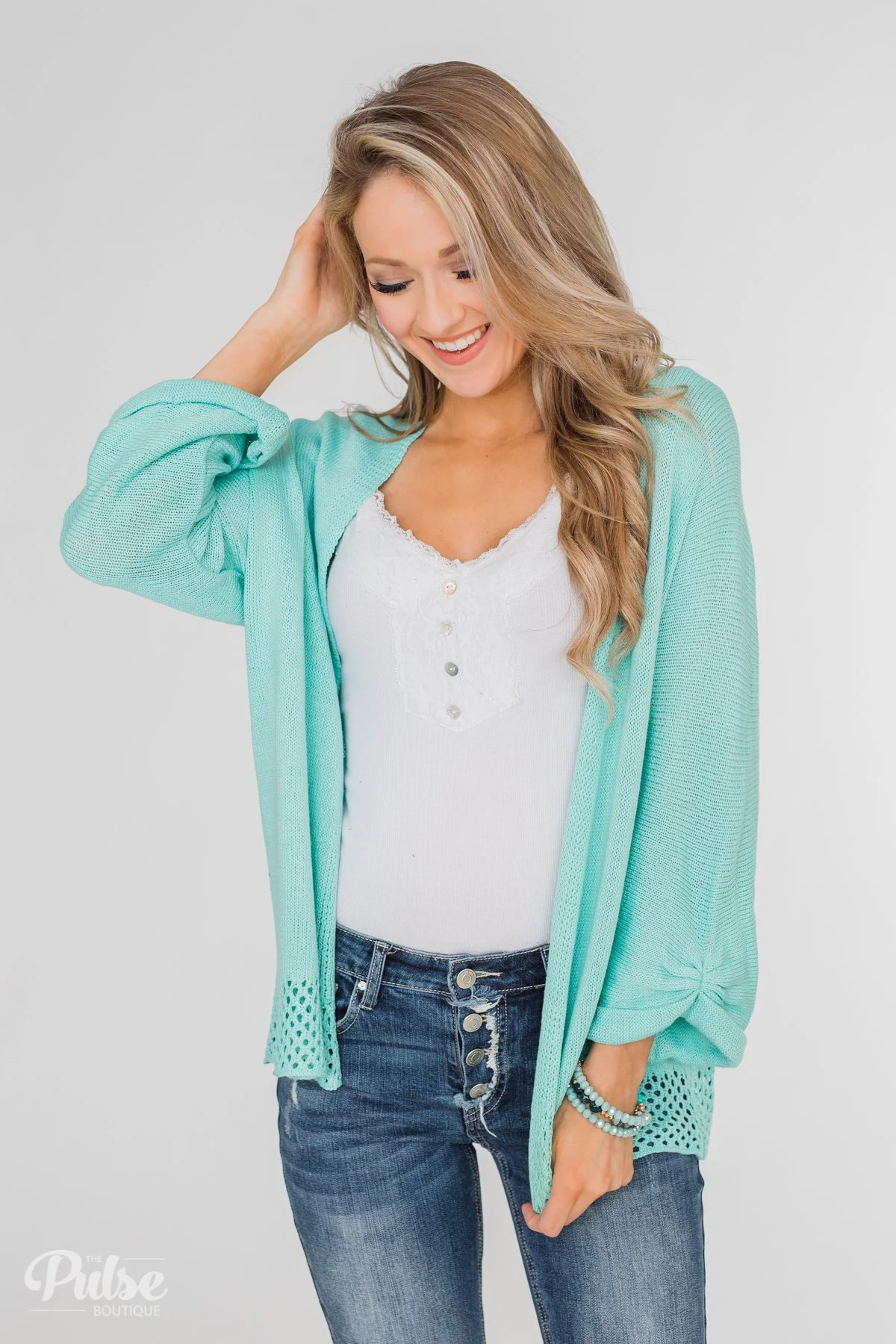 Lovely Days Long Sleeve Knitted Cardigan- Mint Blue - Image 5