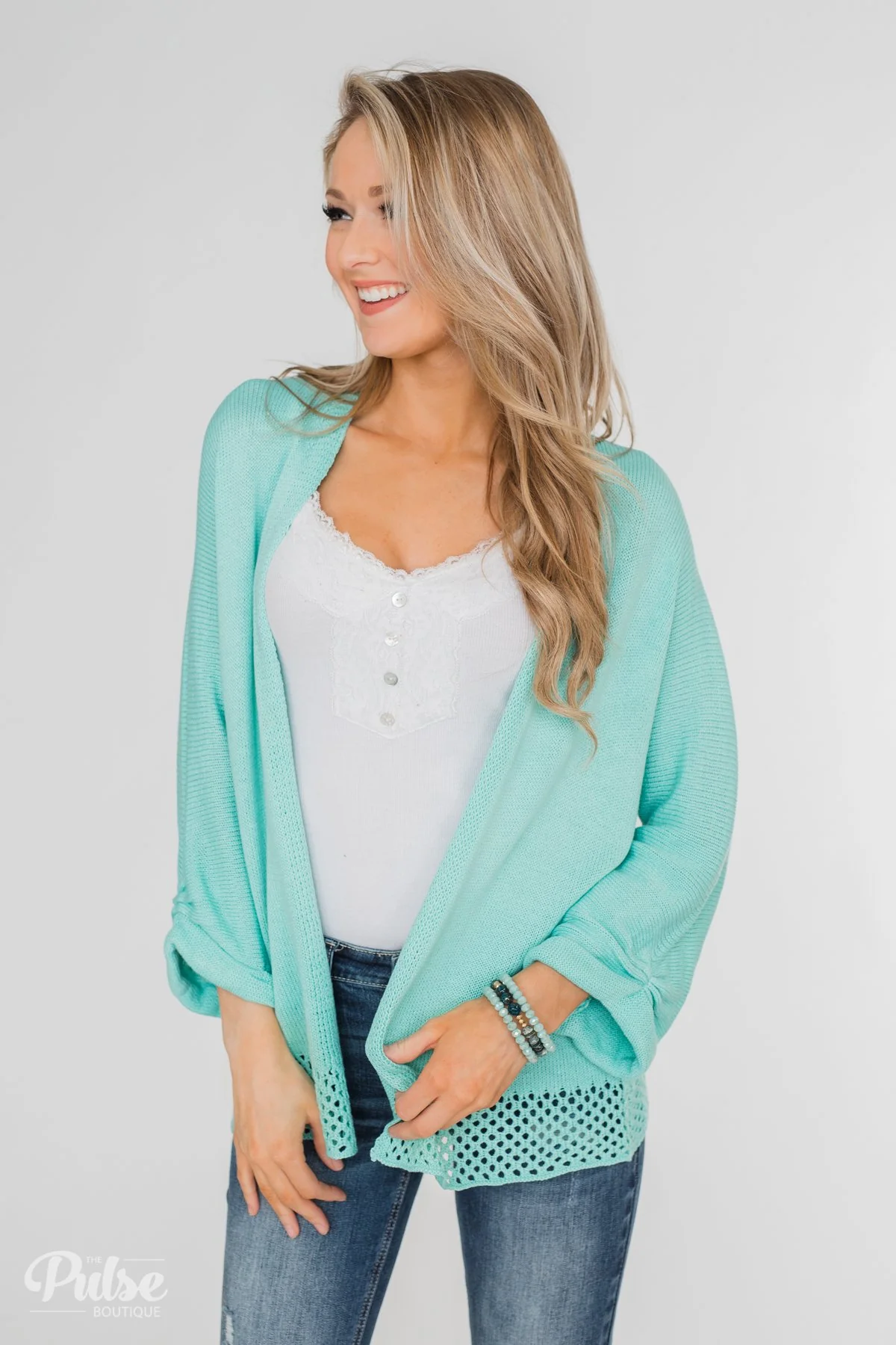 Lovely Days Long Sleeve Knitted Cardigan- Mint Blue - Image 7