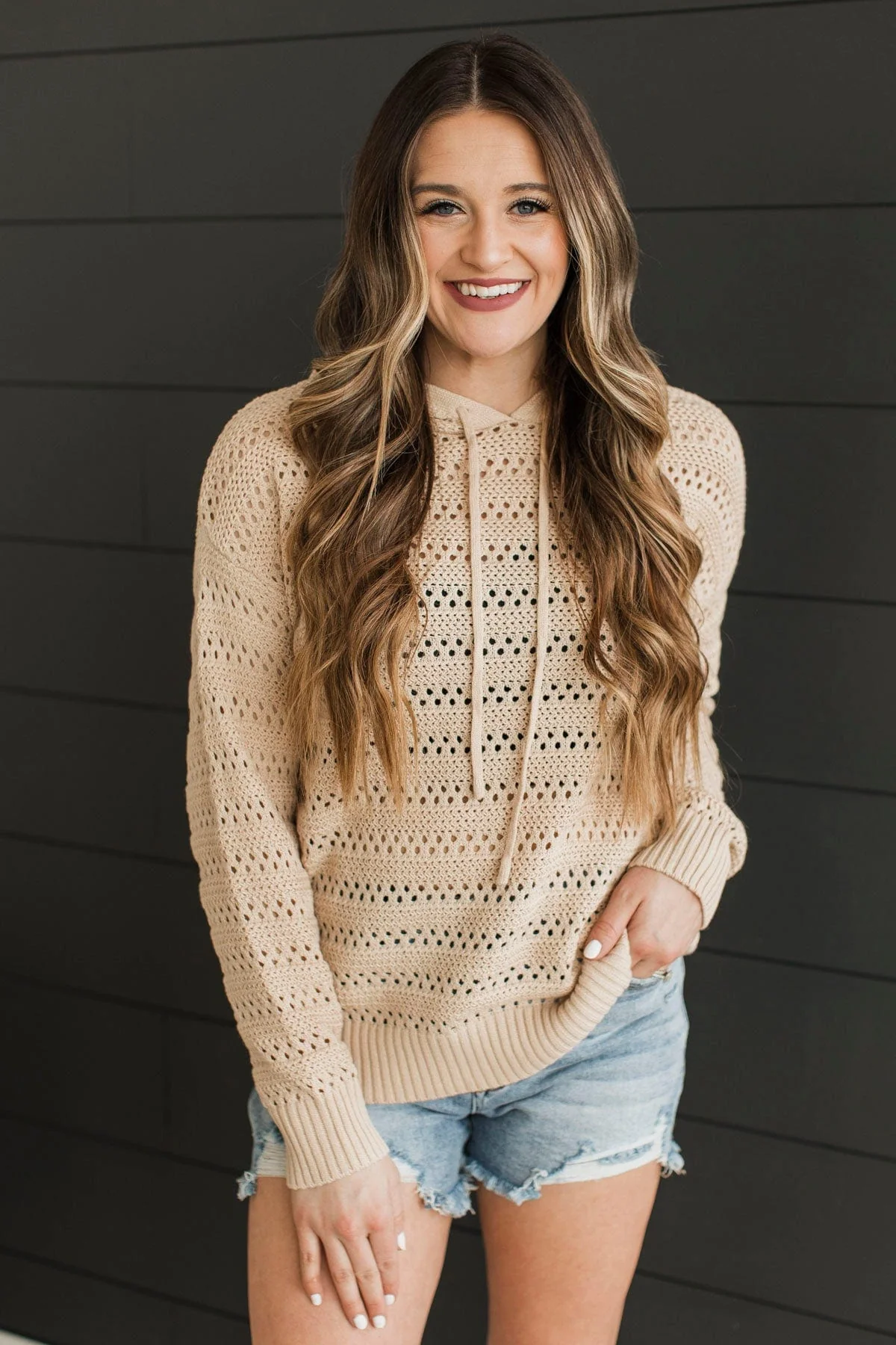 Lovely Delights Open Knit Hoodie- Natural - Image 2