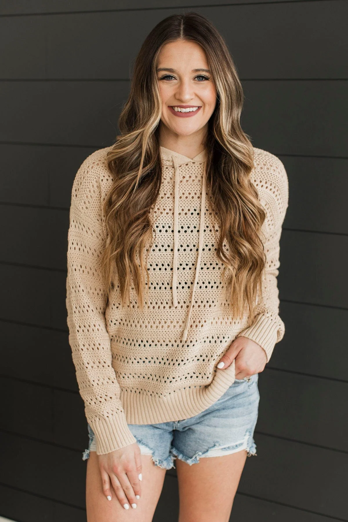 Lovely Delights Open Knit Hoodie- Natural - Image 4