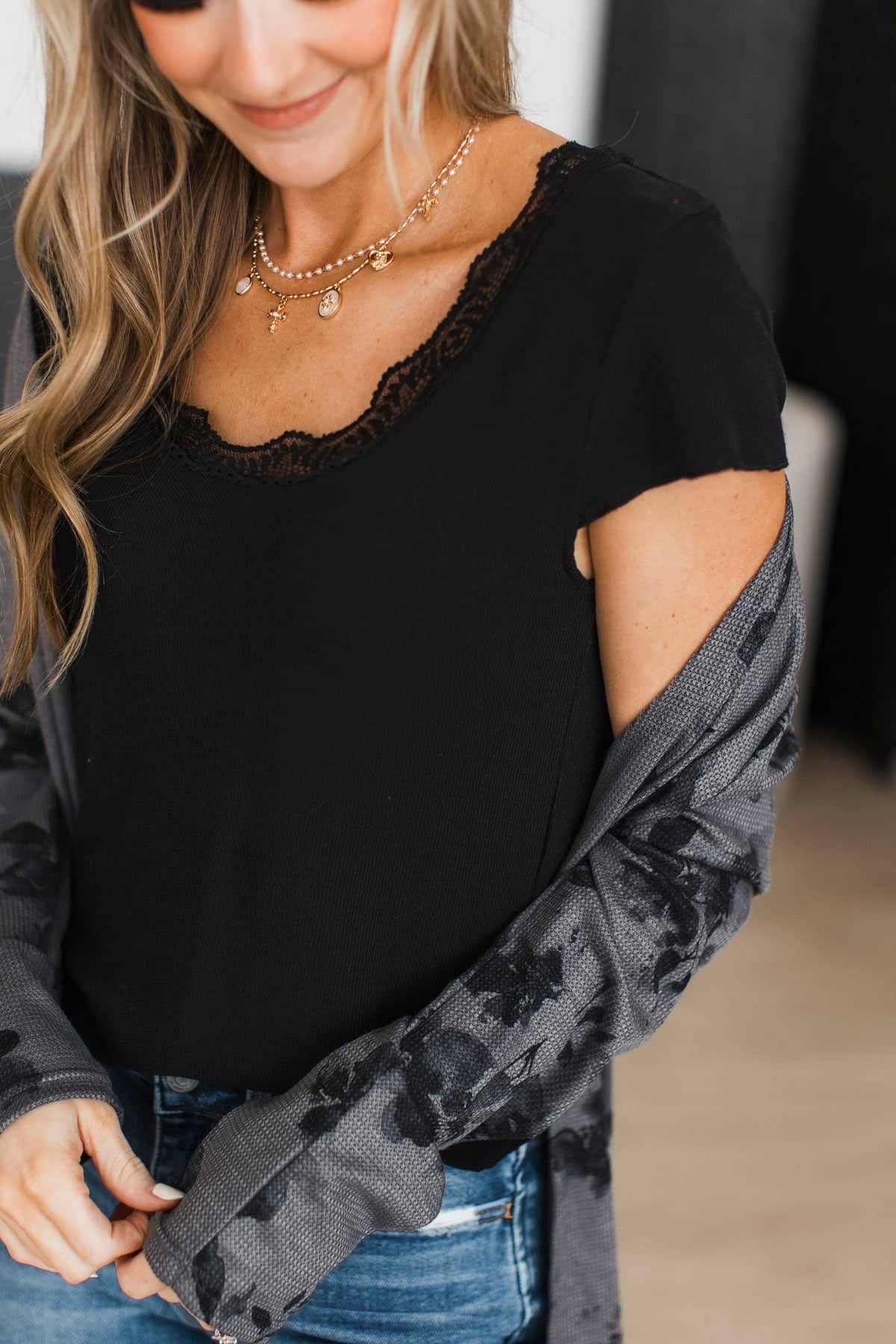 Lovely Impressions Lace Trimmed Cap Sleeve Top- Black - Image 3