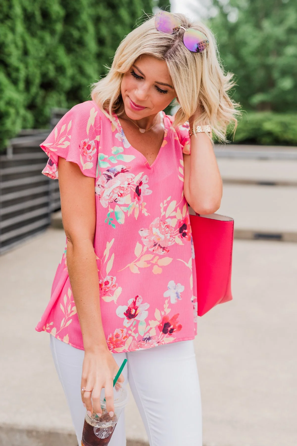 Lovely Lady Floral Short Sleeve Top- Pink - Image 2