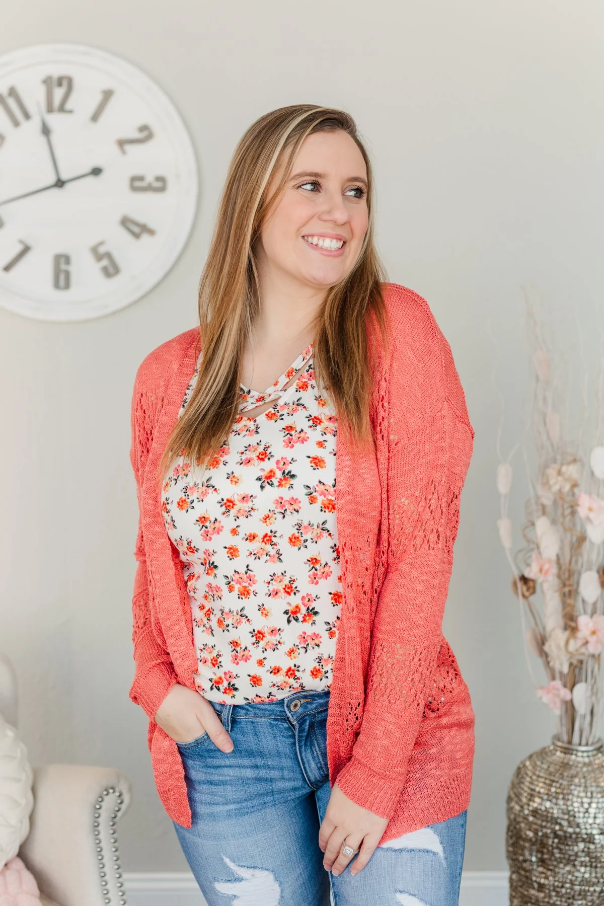 Lovely Life To Live Open Knit Cardigan- Coral - Image 3