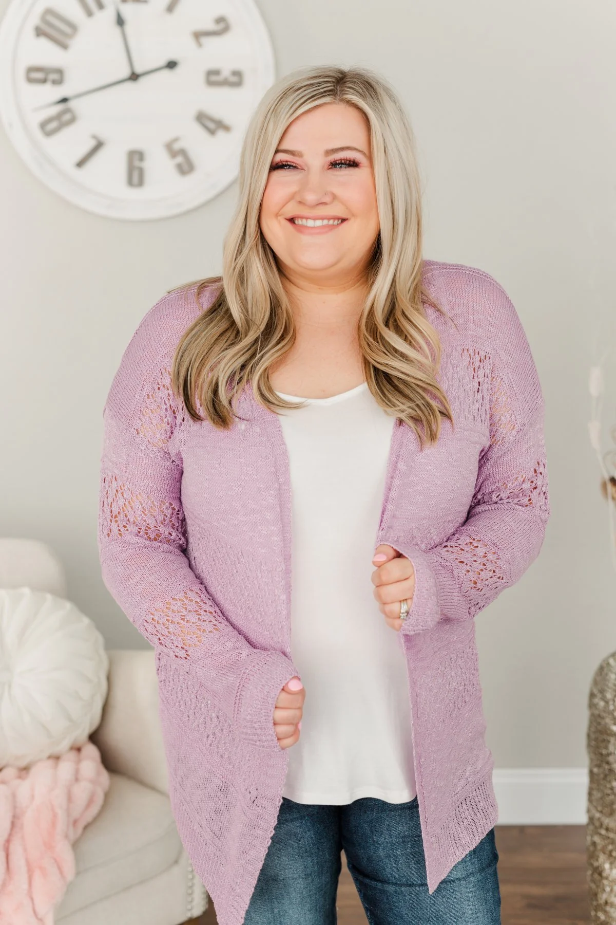 Lovely Life To Live Open Knit Cardigan- Lavender - Image 9
