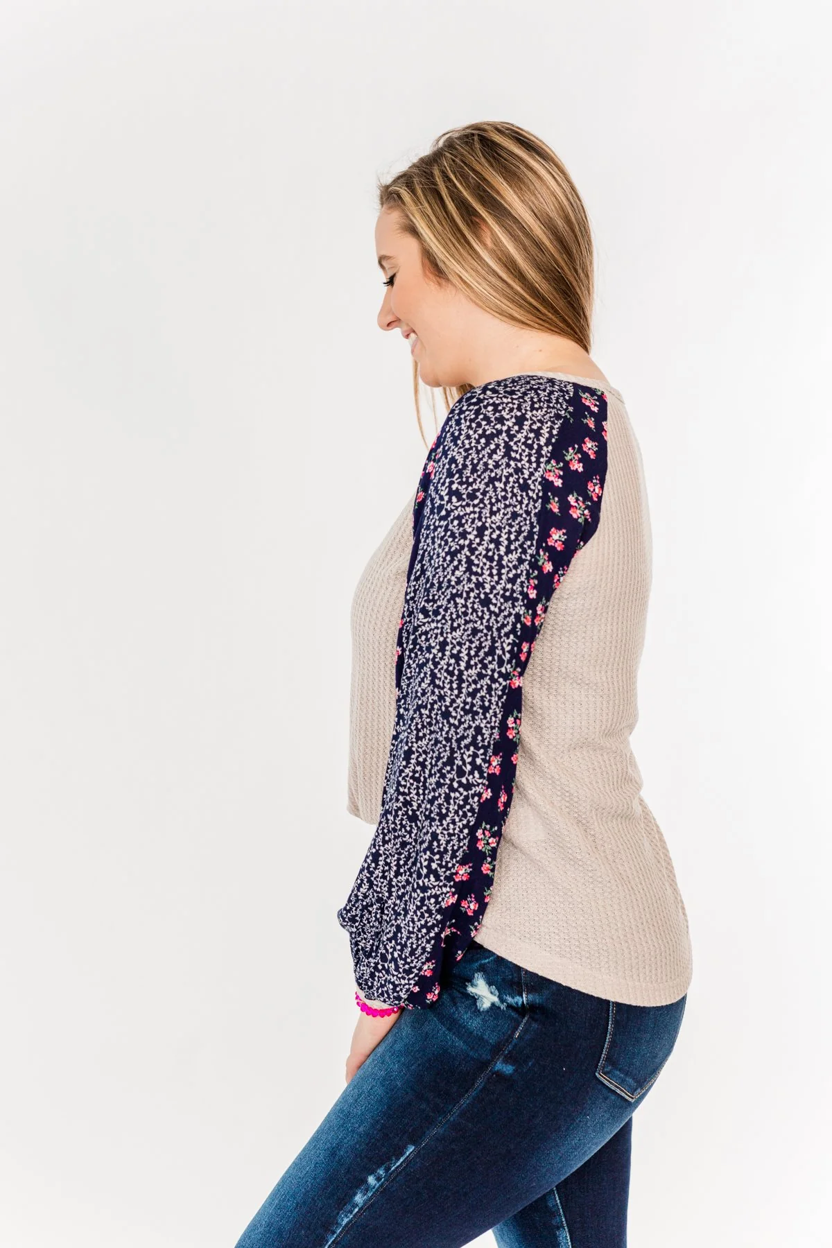 Lovely Little Thing Long Sleeve Top- Taupe and Navy - Image 7