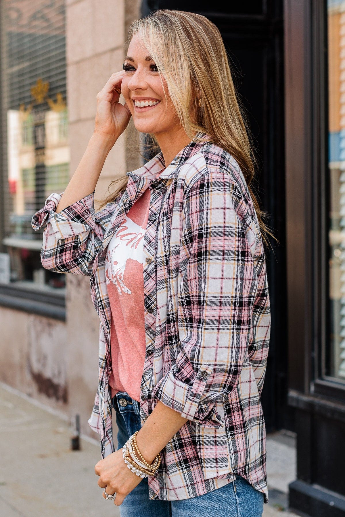 Lovely Seeing You Button Down Flannel- Ivory & Pink - Image 10