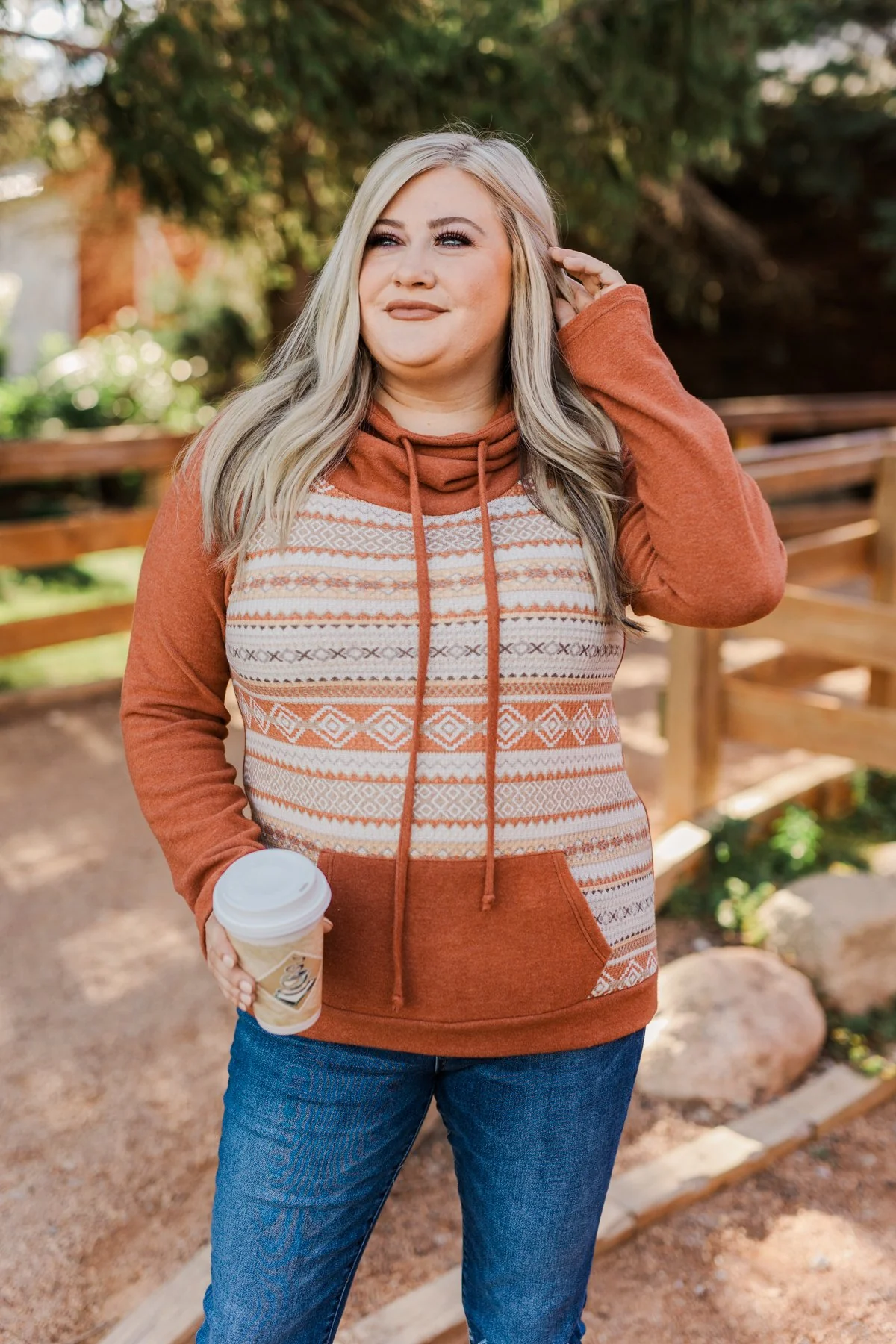 Lovely Wayfarer Aztec Cowl Neck Sweatshirt- Rust, Taupe & Ivory - Image 10