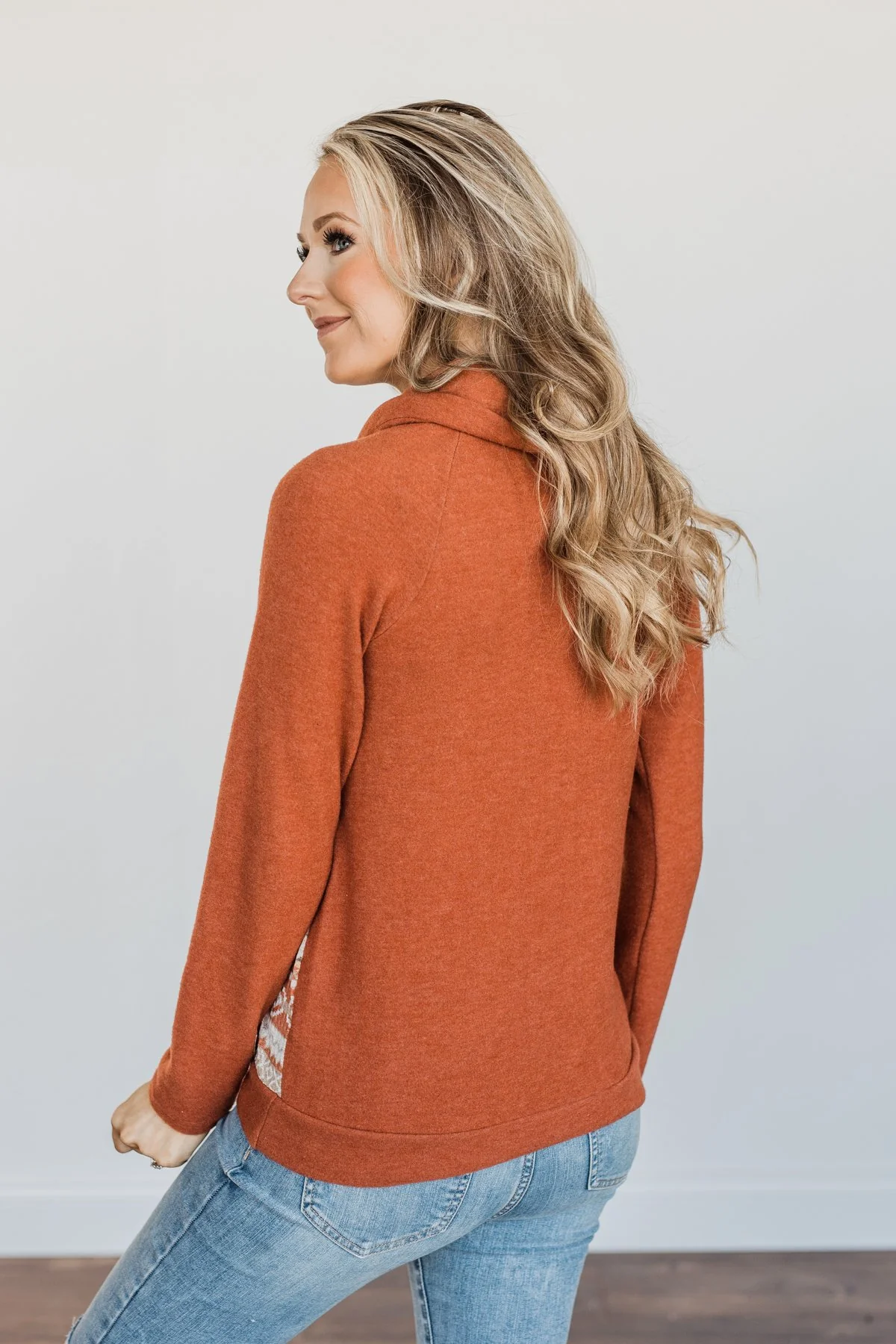 Lovely Wayfarer Aztec Cowl Neck Sweatshirt- Rust, Taupe & Ivory - Image 14