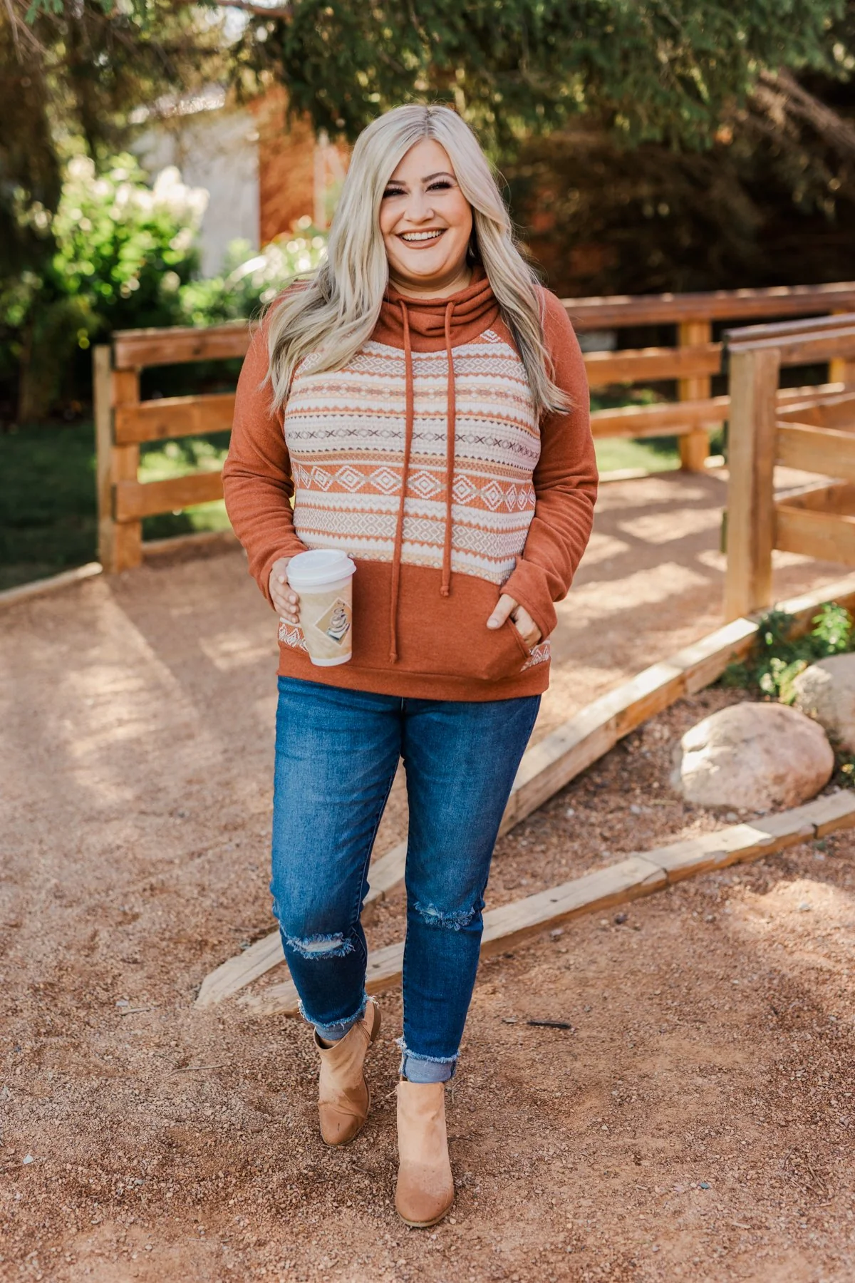 Lovely Wayfarer Aztec Cowl Neck Sweatshirt- Rust, Taupe & Ivory - Image 4