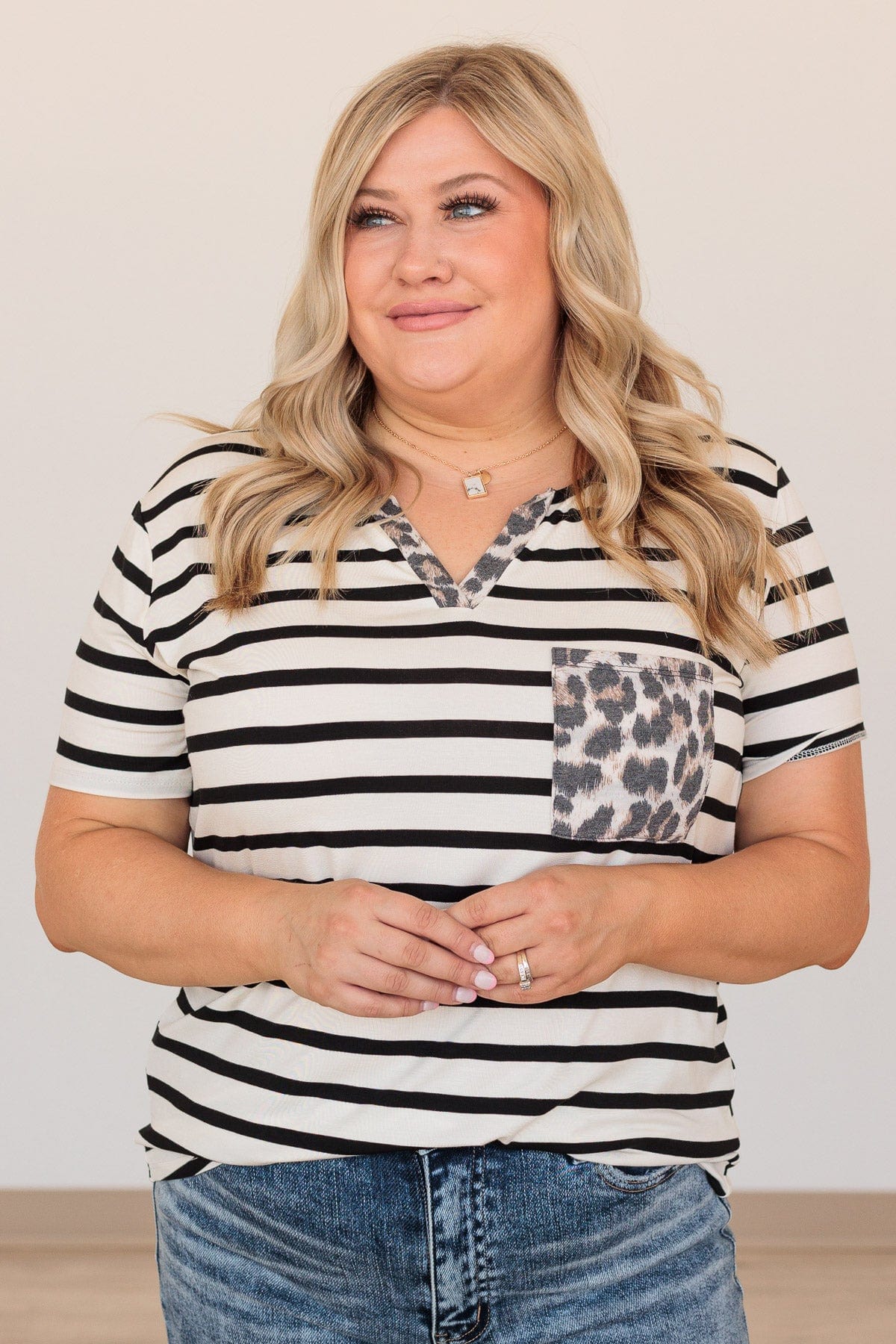 Love's Embrace Striped Leopard Pocket Top- Black - Image 4
