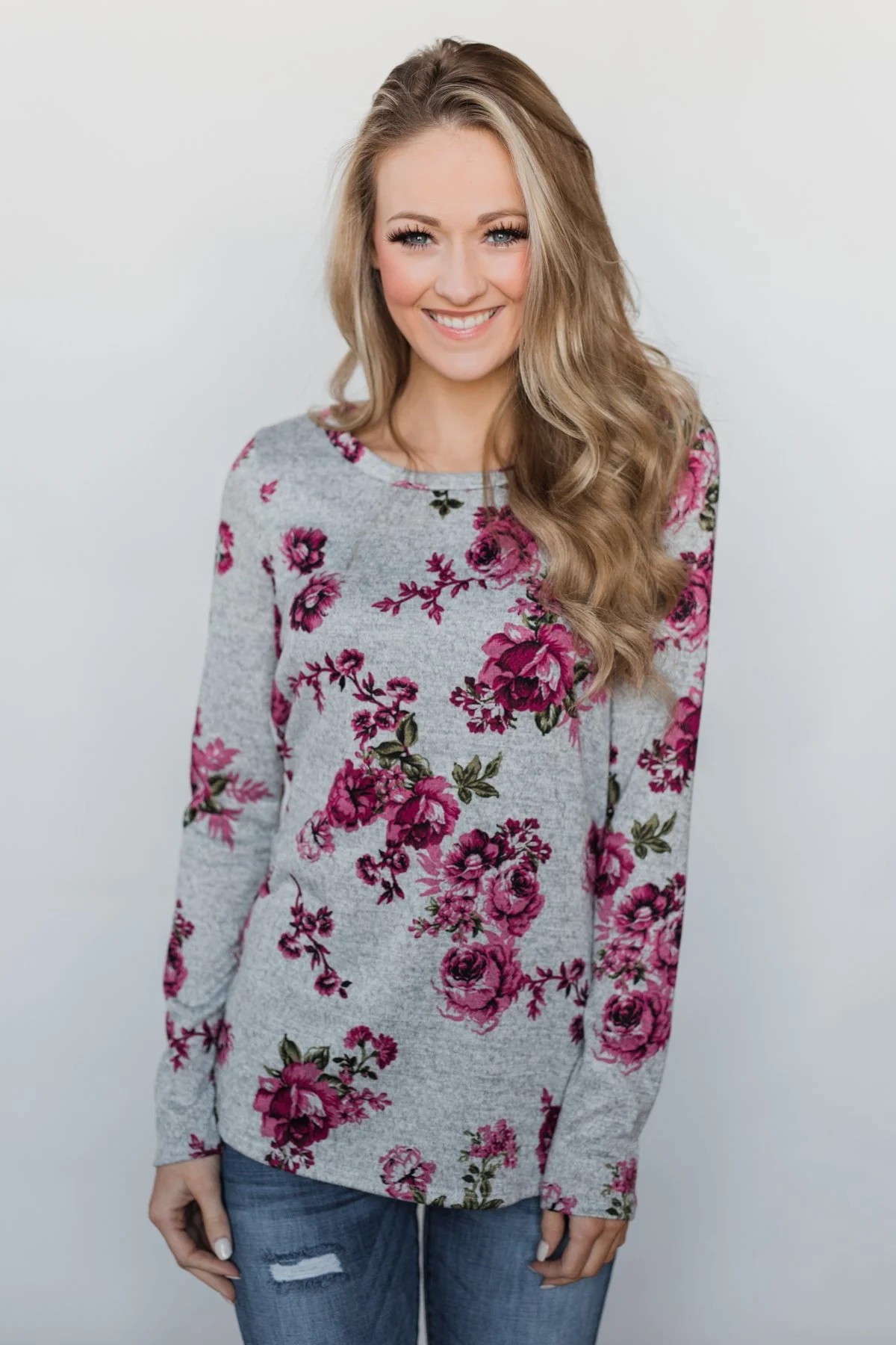 Love's in the Air Floral Pullover Top- Grey & Pink - Image 3