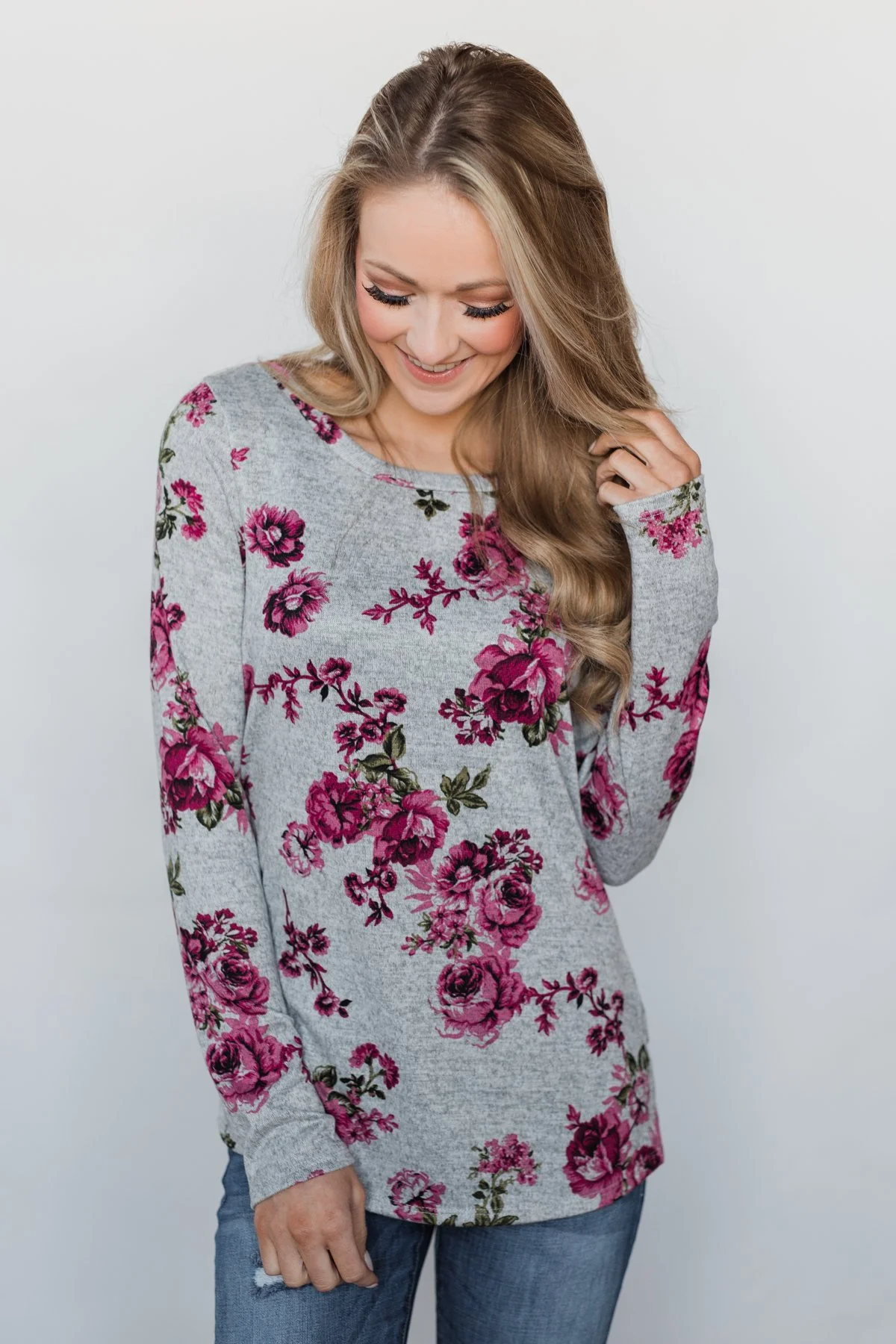 Love's in the Air Floral Pullover Top- Grey & Pink - Image 9