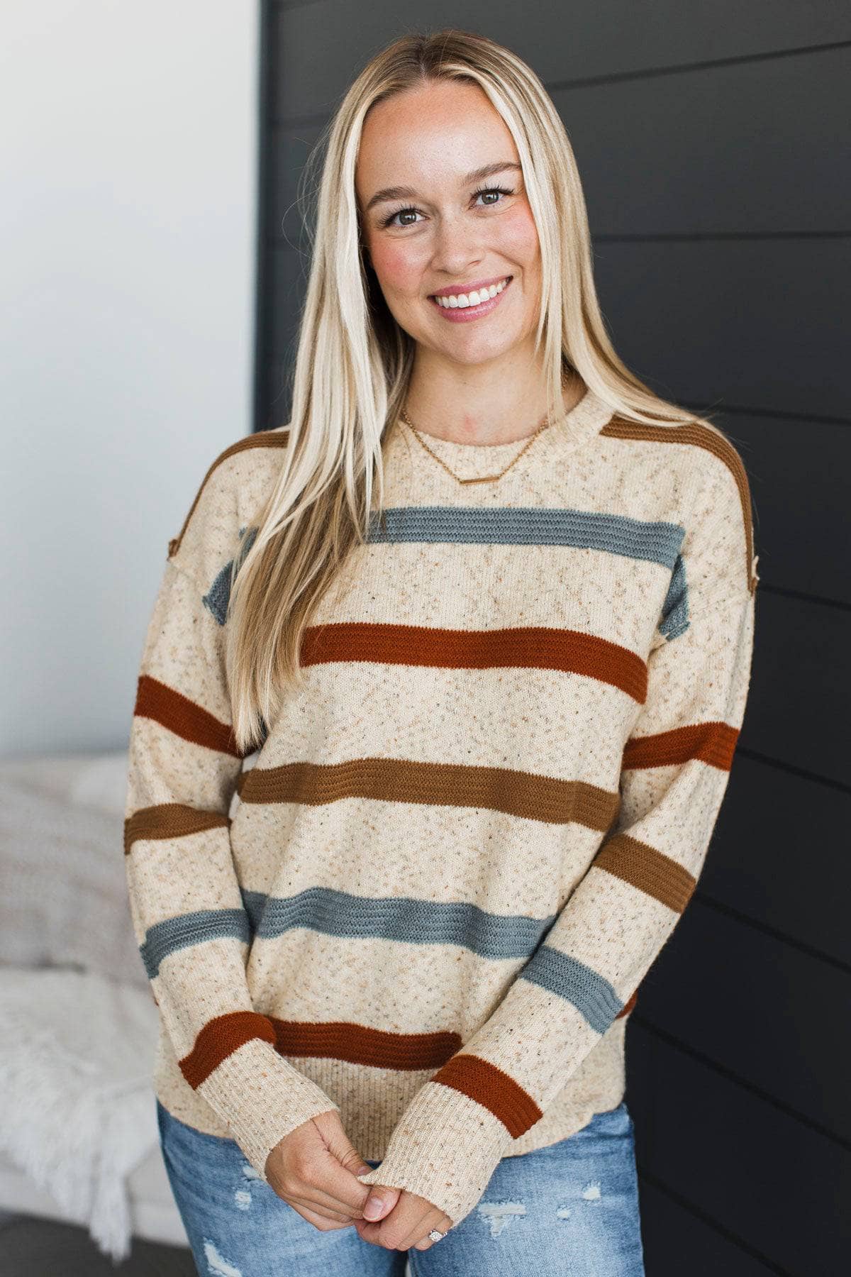 Loving Easy Sprinkled Knit Striped Sweater- Beige, Rust, & Slate - Image 2