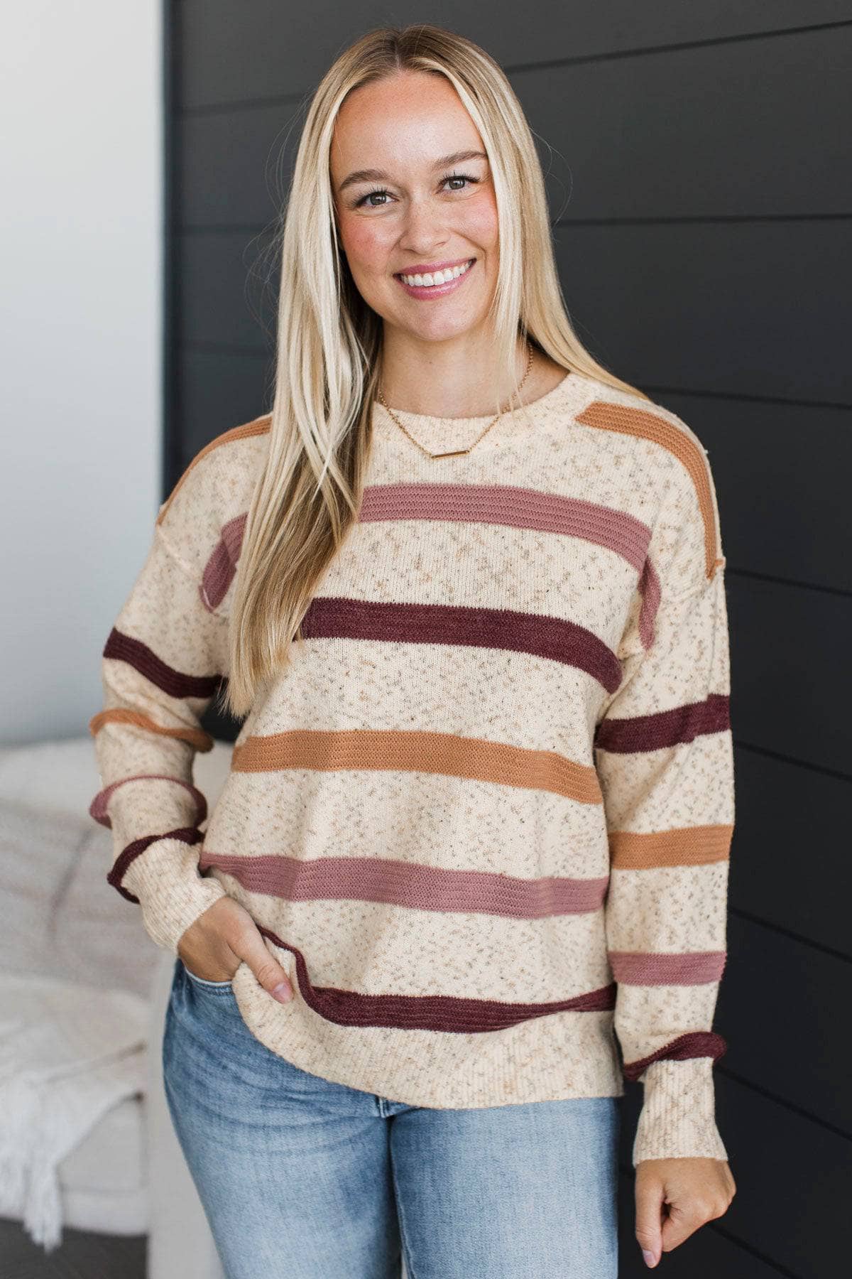 Loving Easy Sprinkled Knit Striped Sweater- Oatmeal & Rose - Image 2