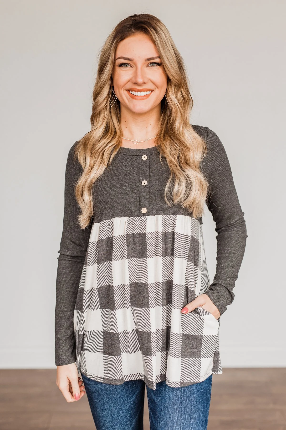 Loving Every Second Plaid Babydoll Top- Charcoal - Image 3